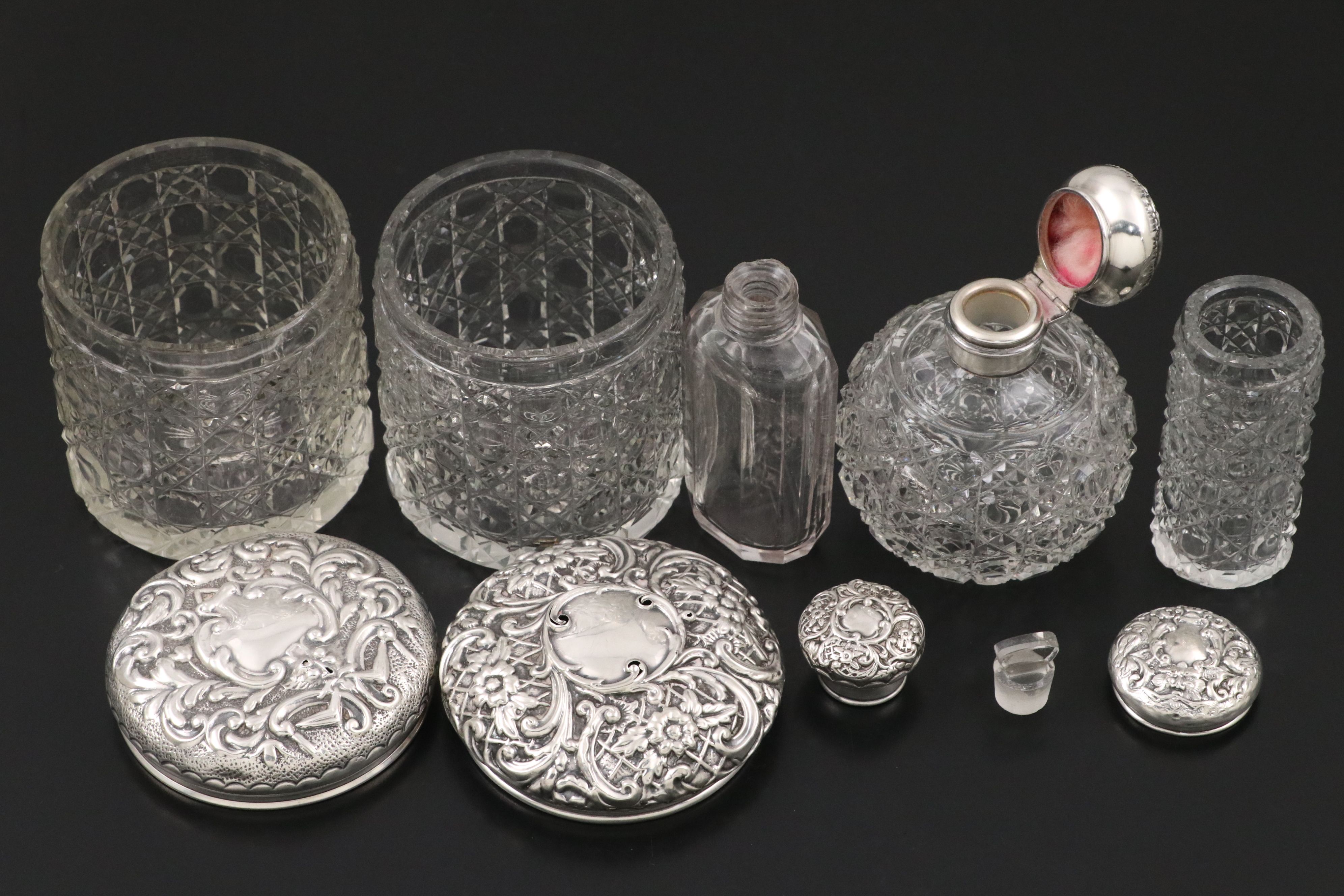 Victorian Sterling Silver and Cut Glass Vanity Jars, Bottles with Mirror