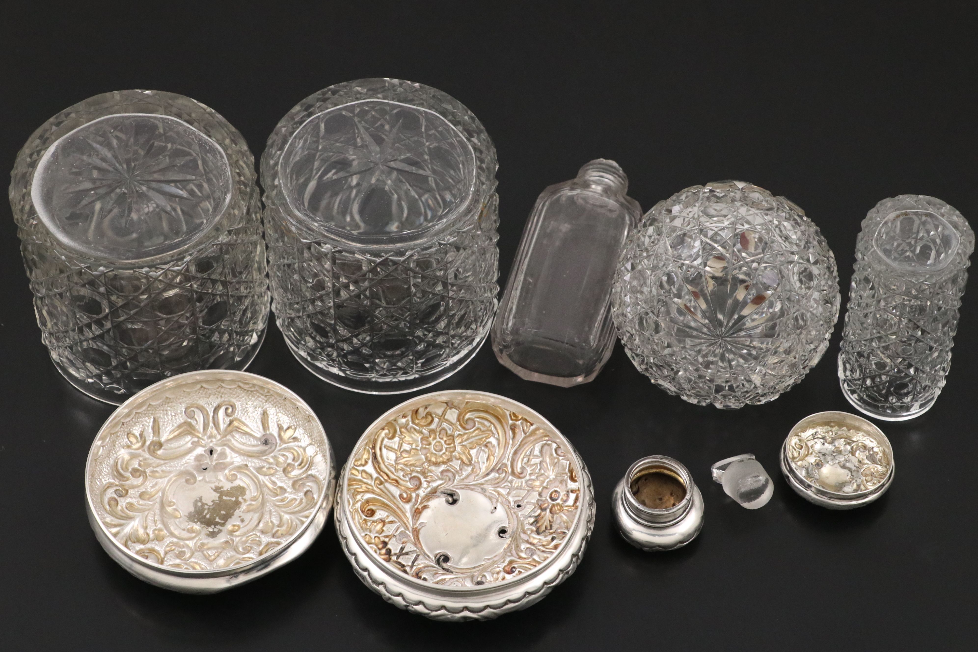 Victorian Sterling Silver and Cut Glass Vanity Jars, Bottles with Mirror