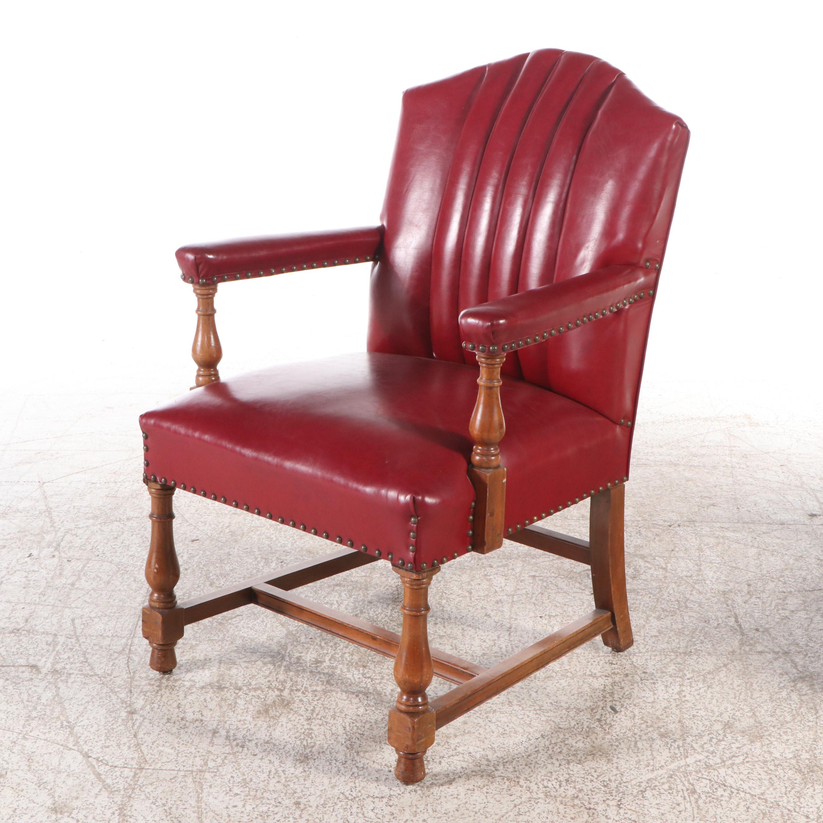 Pair of Channel-Tufted Red Faux Leather Upholstered Armchairs