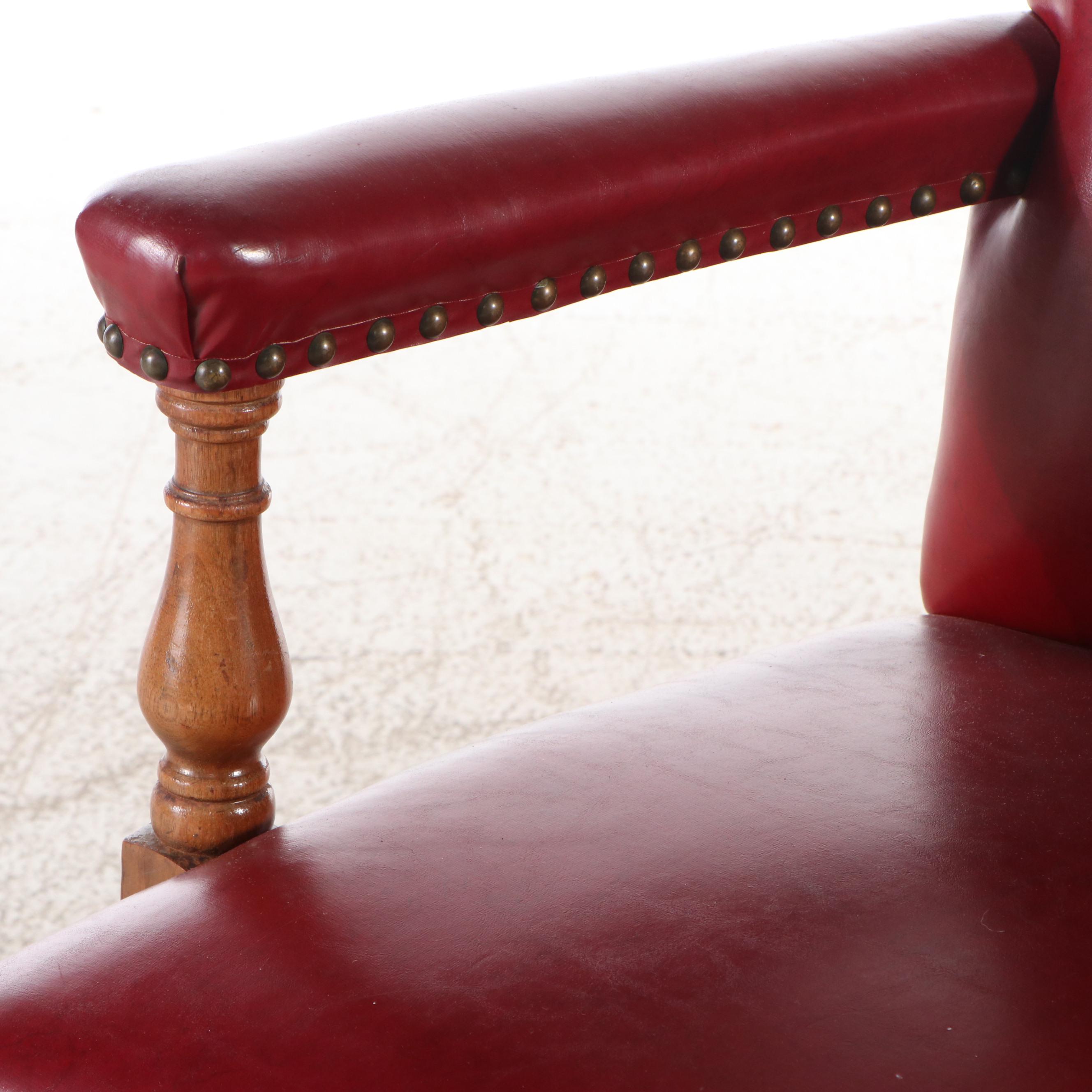 Pair of Channel-Tufted Red Faux Leather Upholstered Armchairs