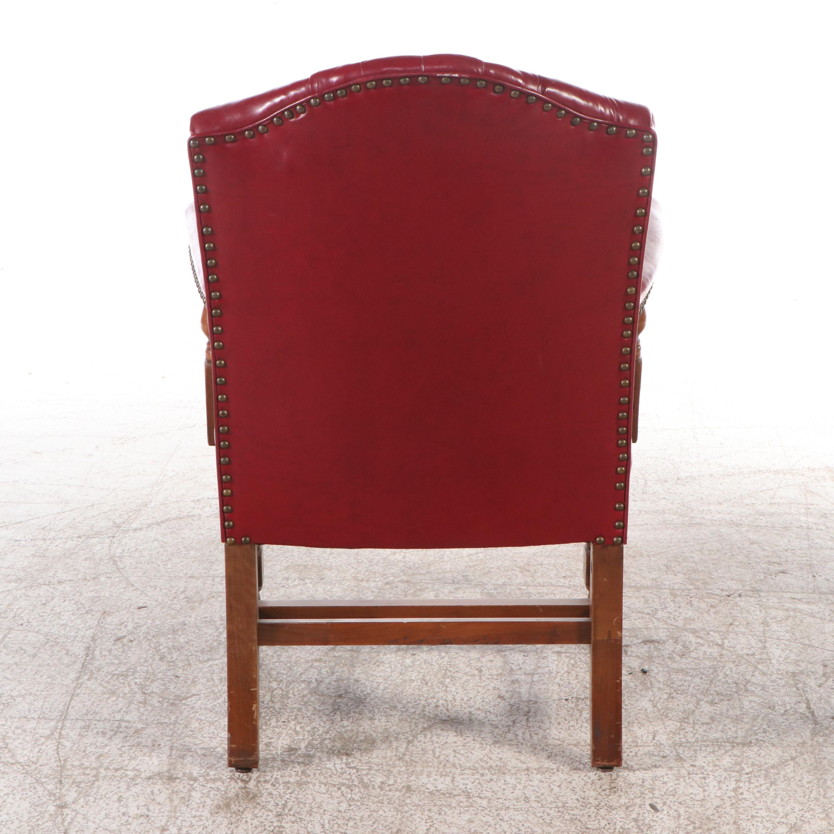 Pair of Channel-Tufted Red Faux Leather Upholstered Armchairs
