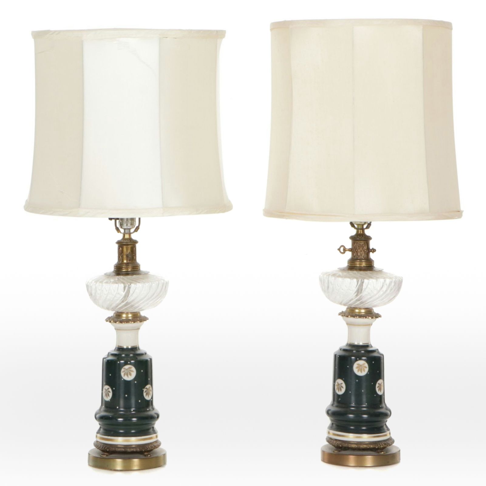 French Style Ceramic and Glass Oil Lamp Table Lamps, Adapted with Silk Shades