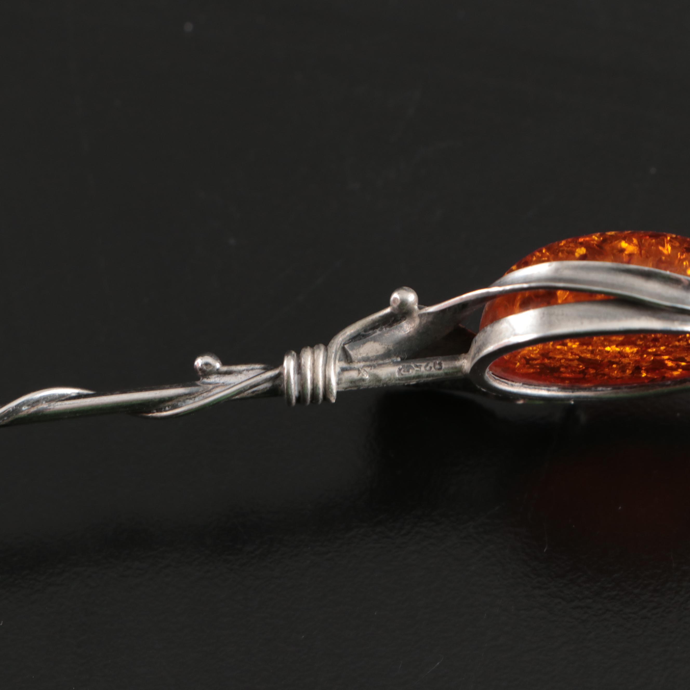 Amber and Sterling Silver Spoons with Twisting Floral Stems