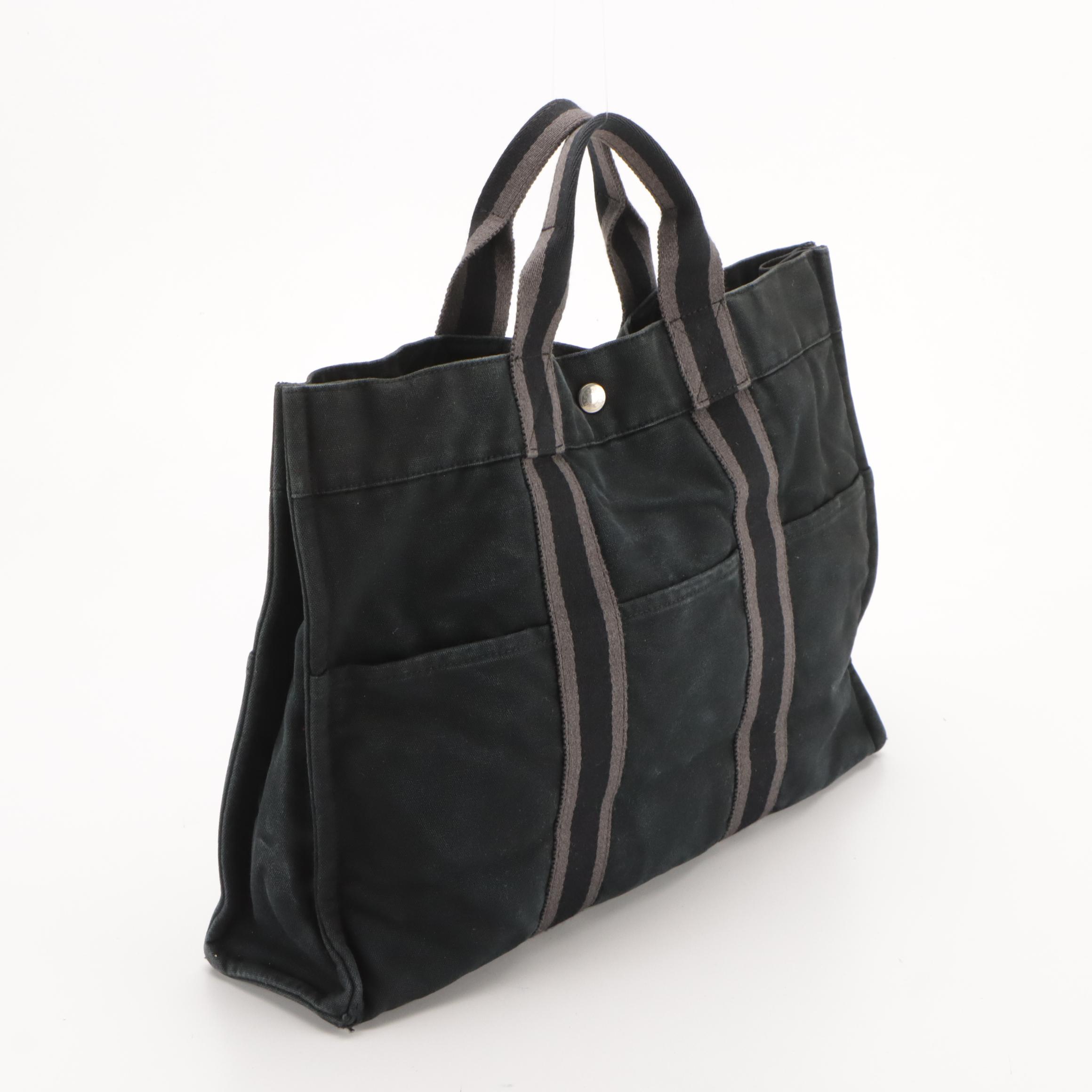 Hermès Fourre-Tout MM in Black and Grey Cotton Canvas