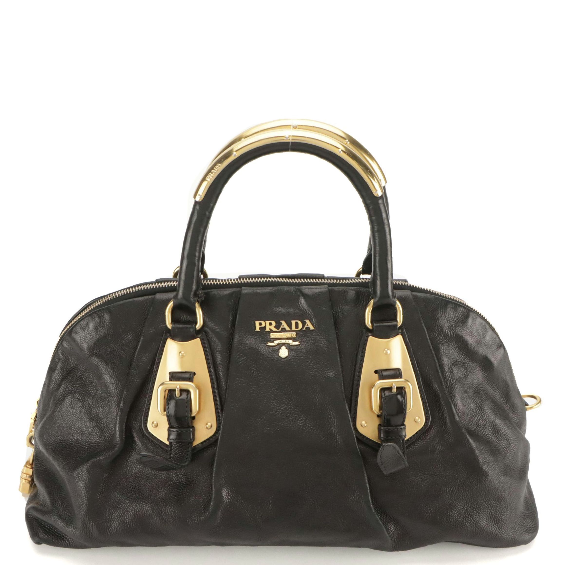 Prada Domed Metal Top Handle Satchel in Shiny Black Calfskin Leather