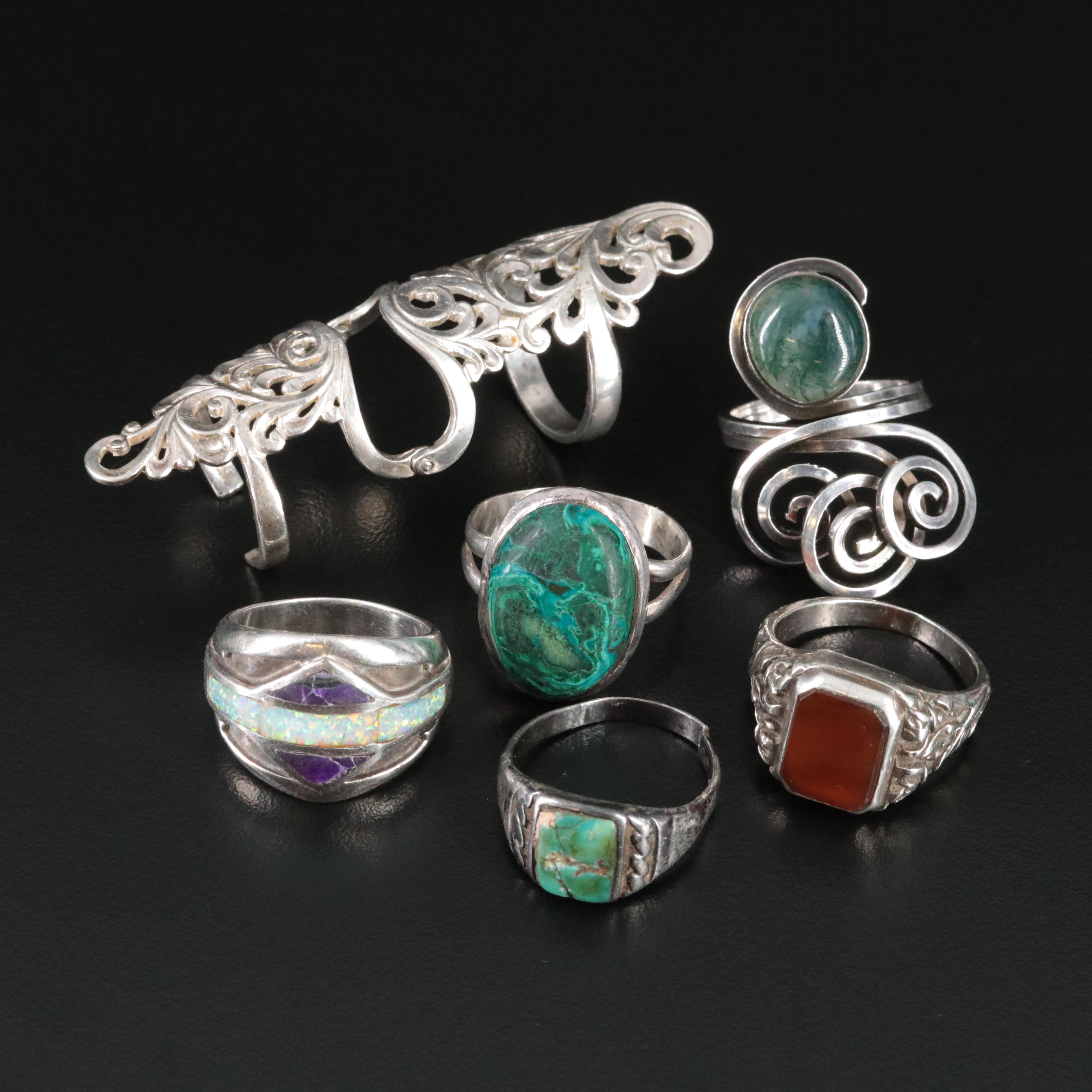 Moss Agate, Turquoise and Chrysocolla Featured in Sterling Rings