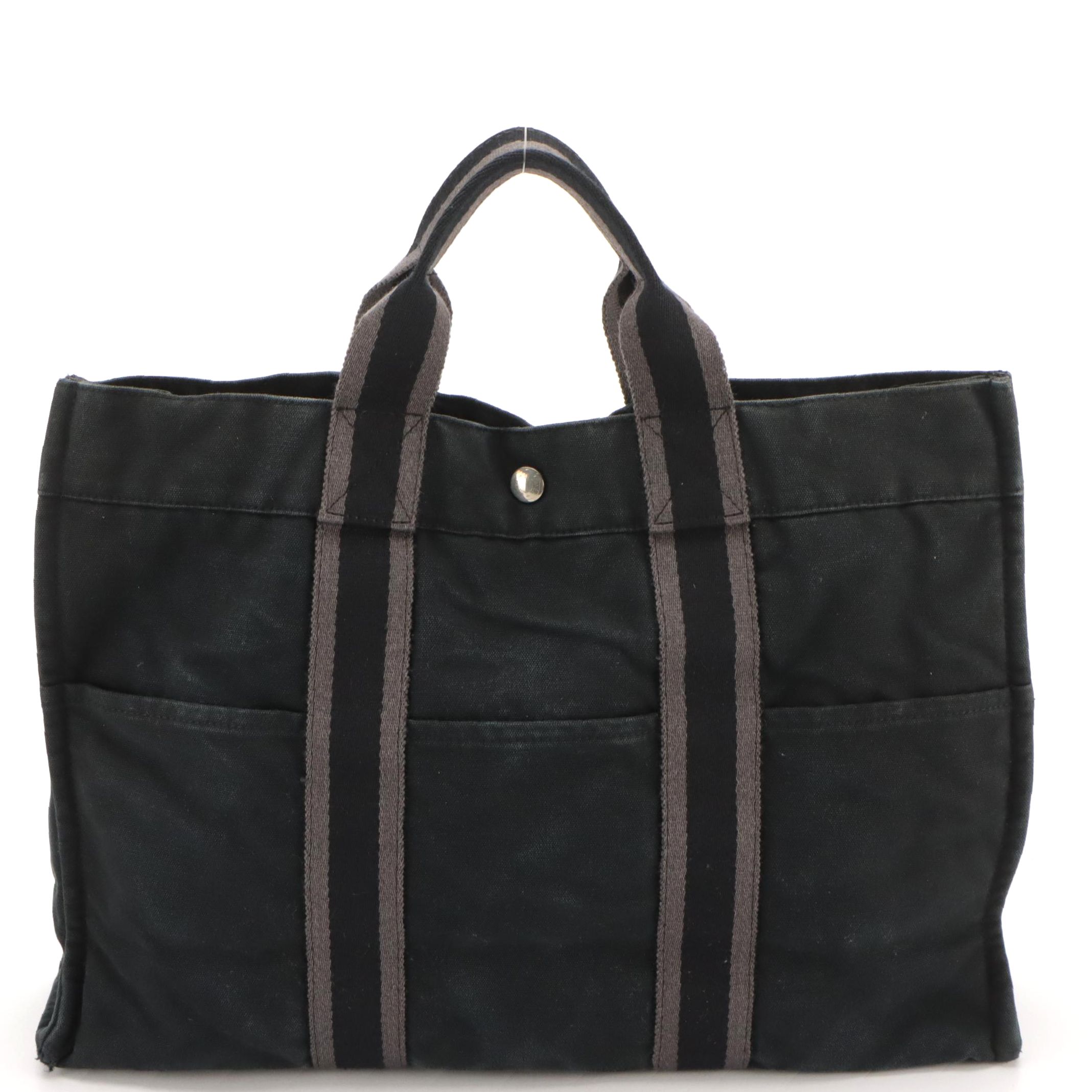 Hermès Fourre-Tout MM in Black and Grey Cotton Canvas