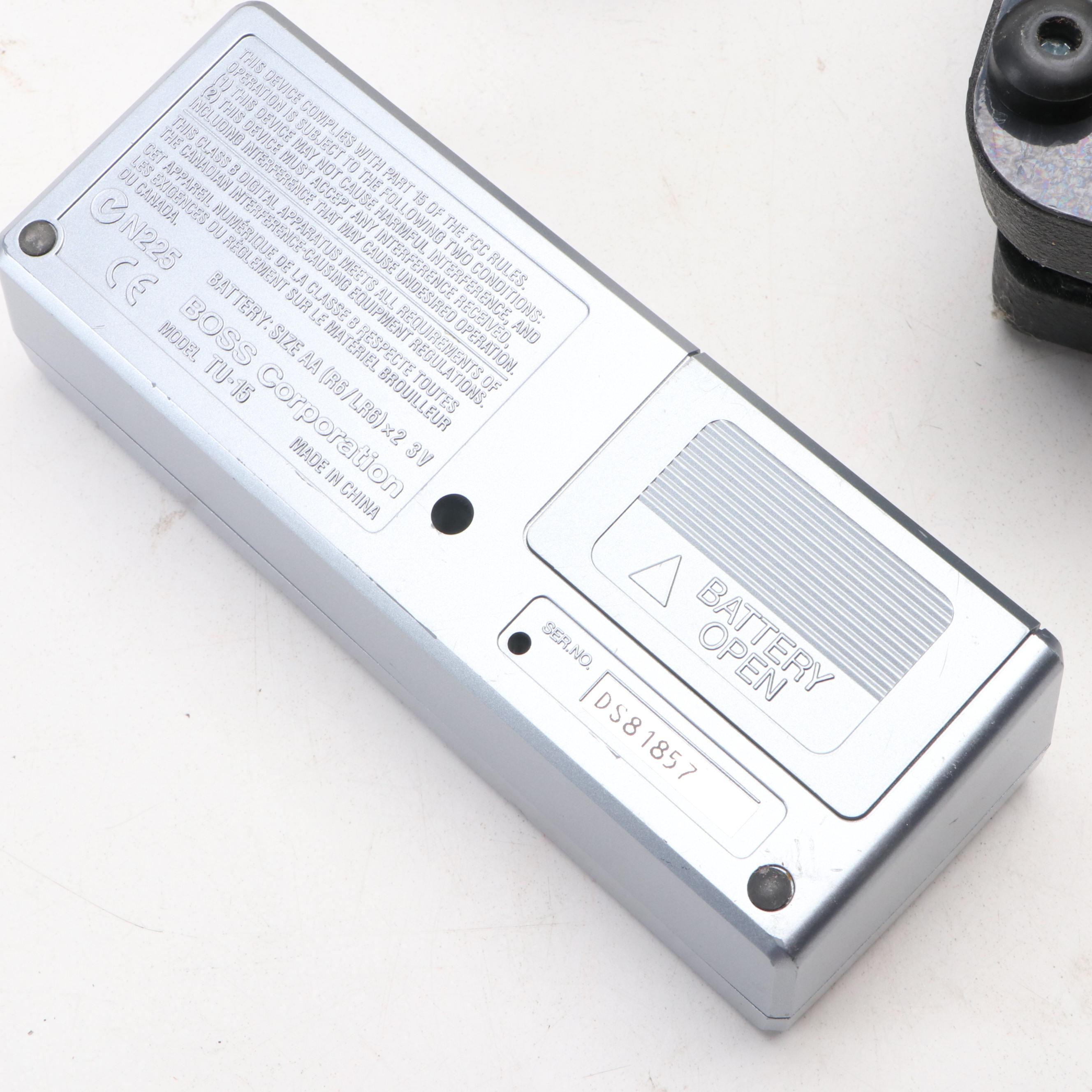 Guitar Stand with Cry-Baby Pedal, Big Muff Guitar Effects, Boss Chromatic Tuner