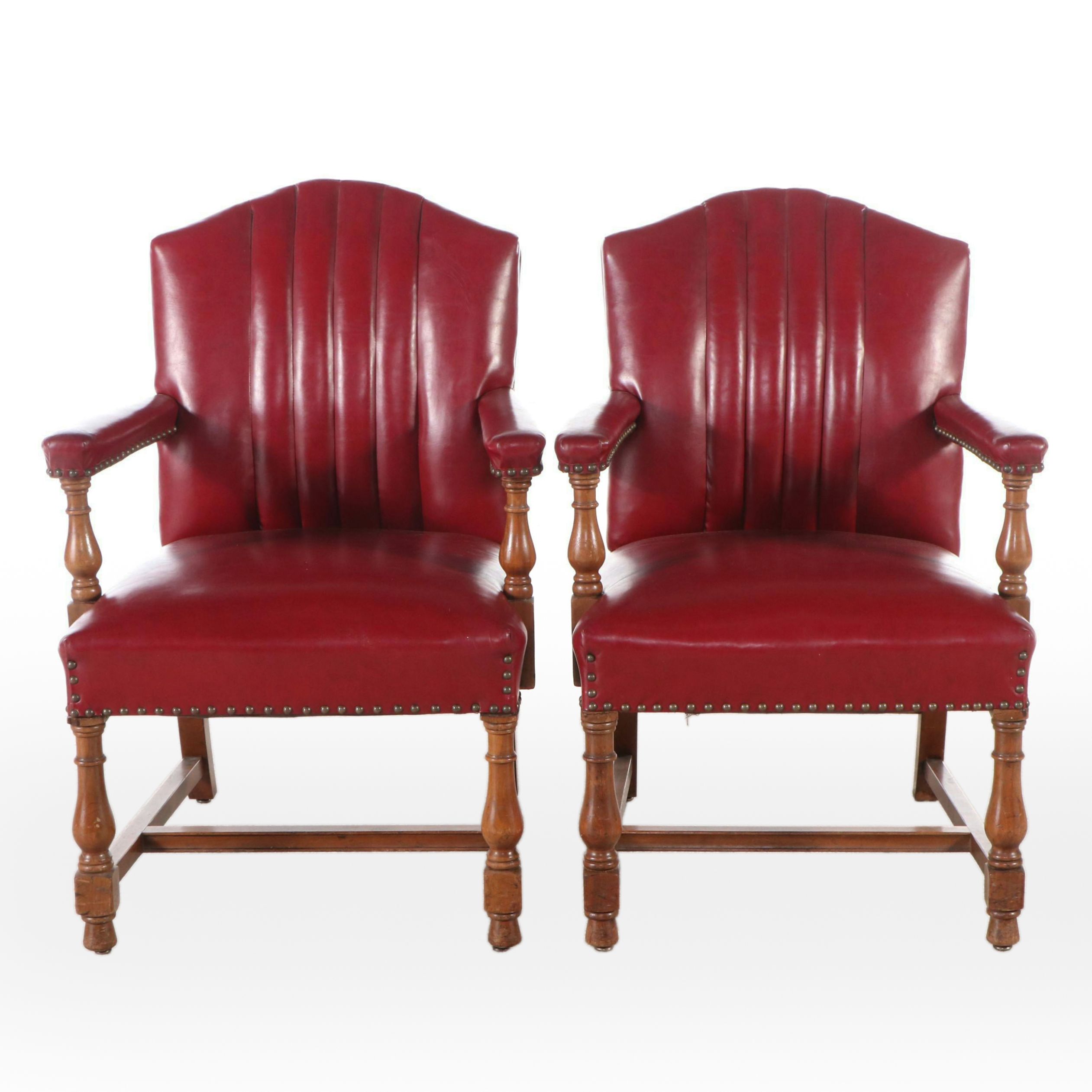 Pair of Channel-Tufted Red Faux Leather Upholstered Armchairs