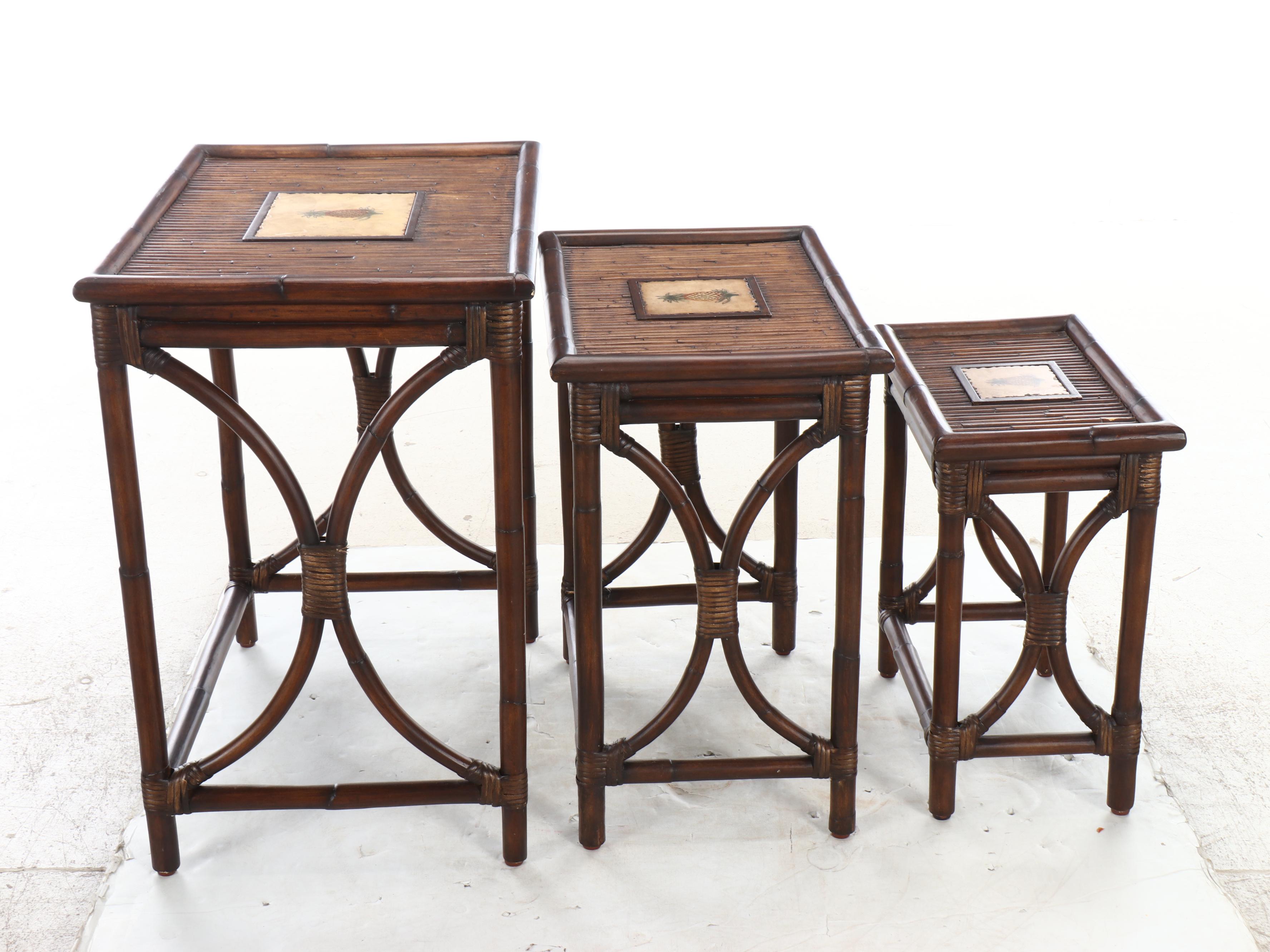 Set of Three Rattan Nesting Tables with Inset Ceramic Pineapple Tiles