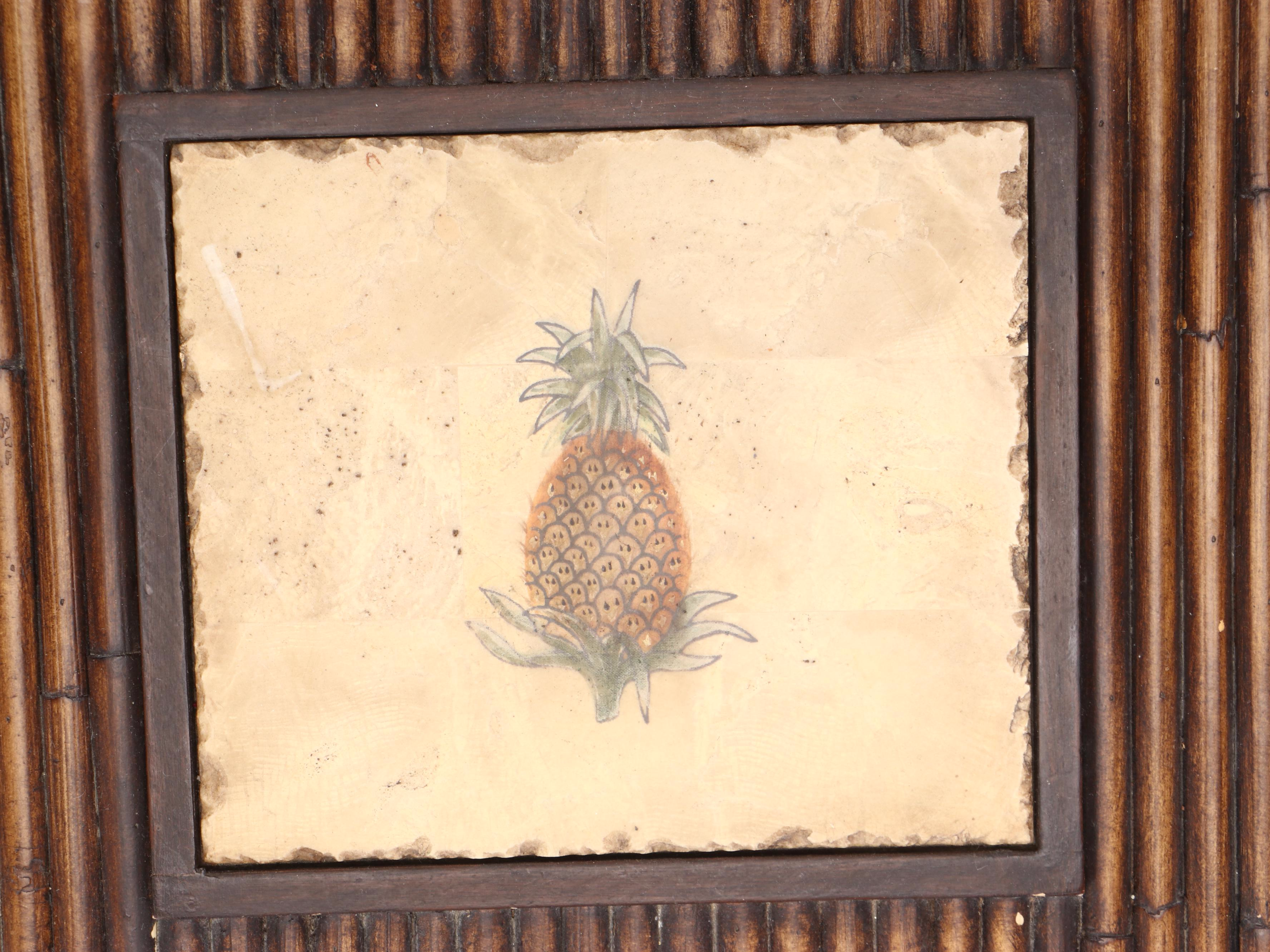 Set of Three Rattan Nesting Tables with Inset Ceramic Pineapple Tiles