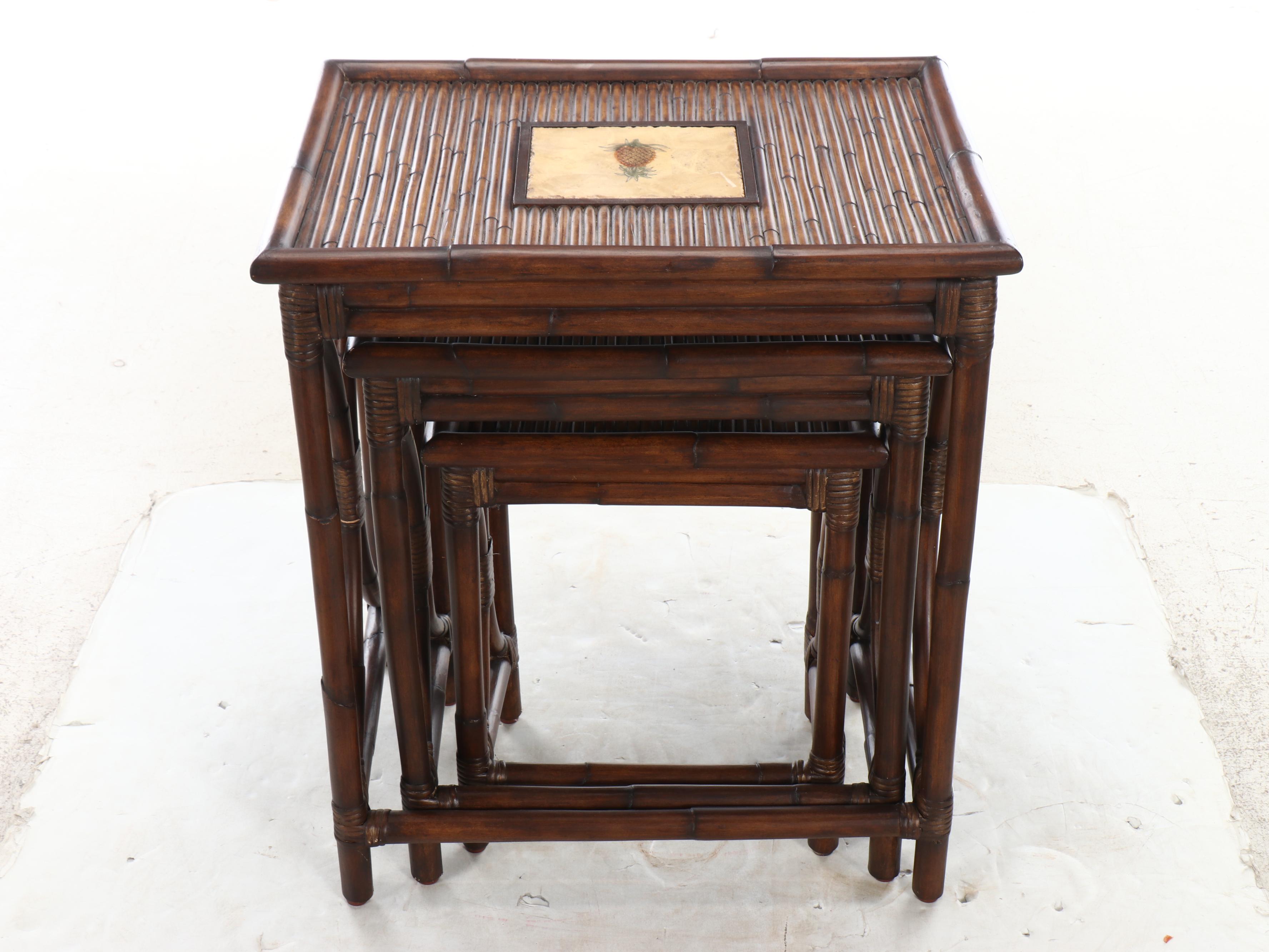 Set of Three Rattan Nesting Tables with Inset Ceramic Pineapple Tiles