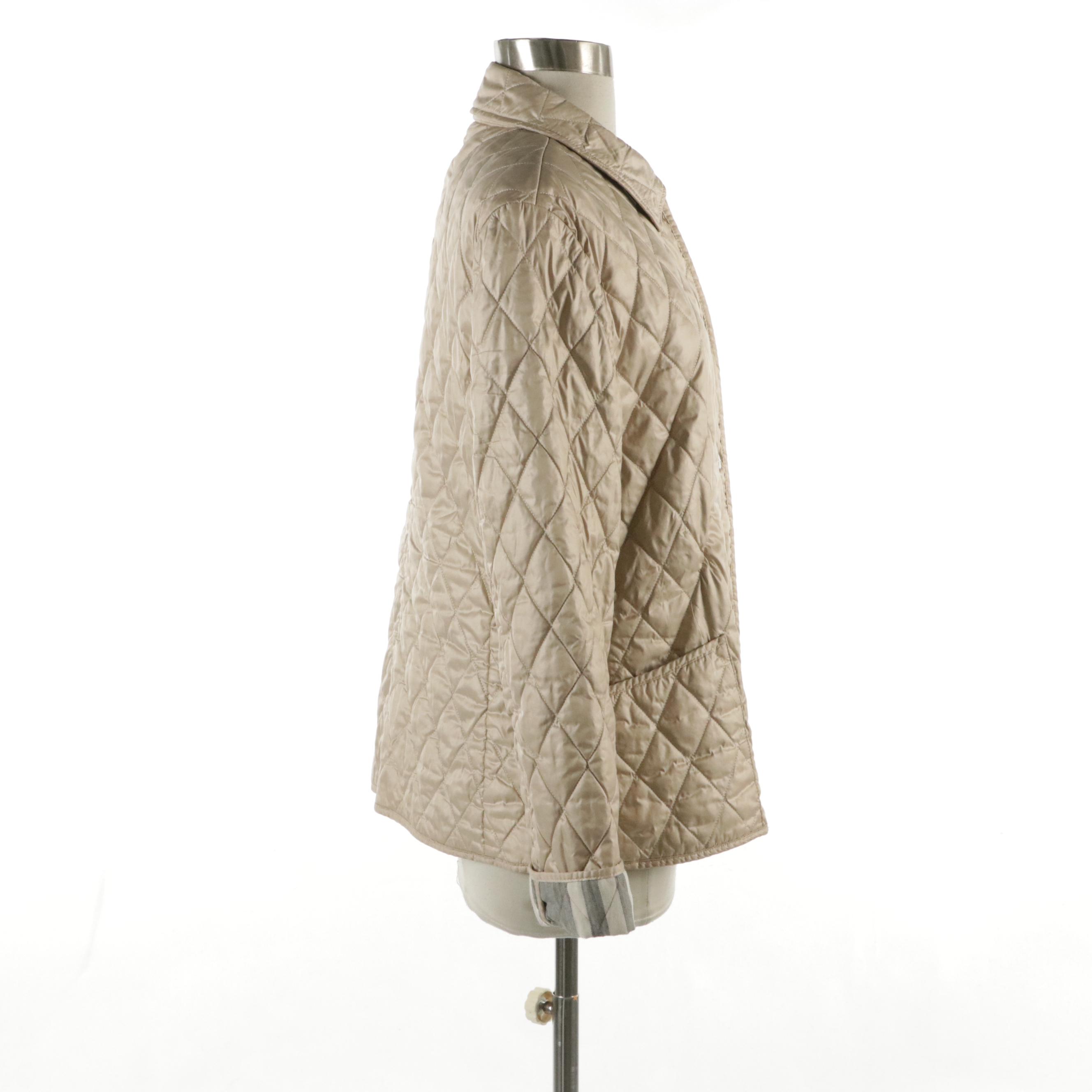 Burberry Quilted Snap-Front Coat in Shiny Beige Nylon with House Check Accents