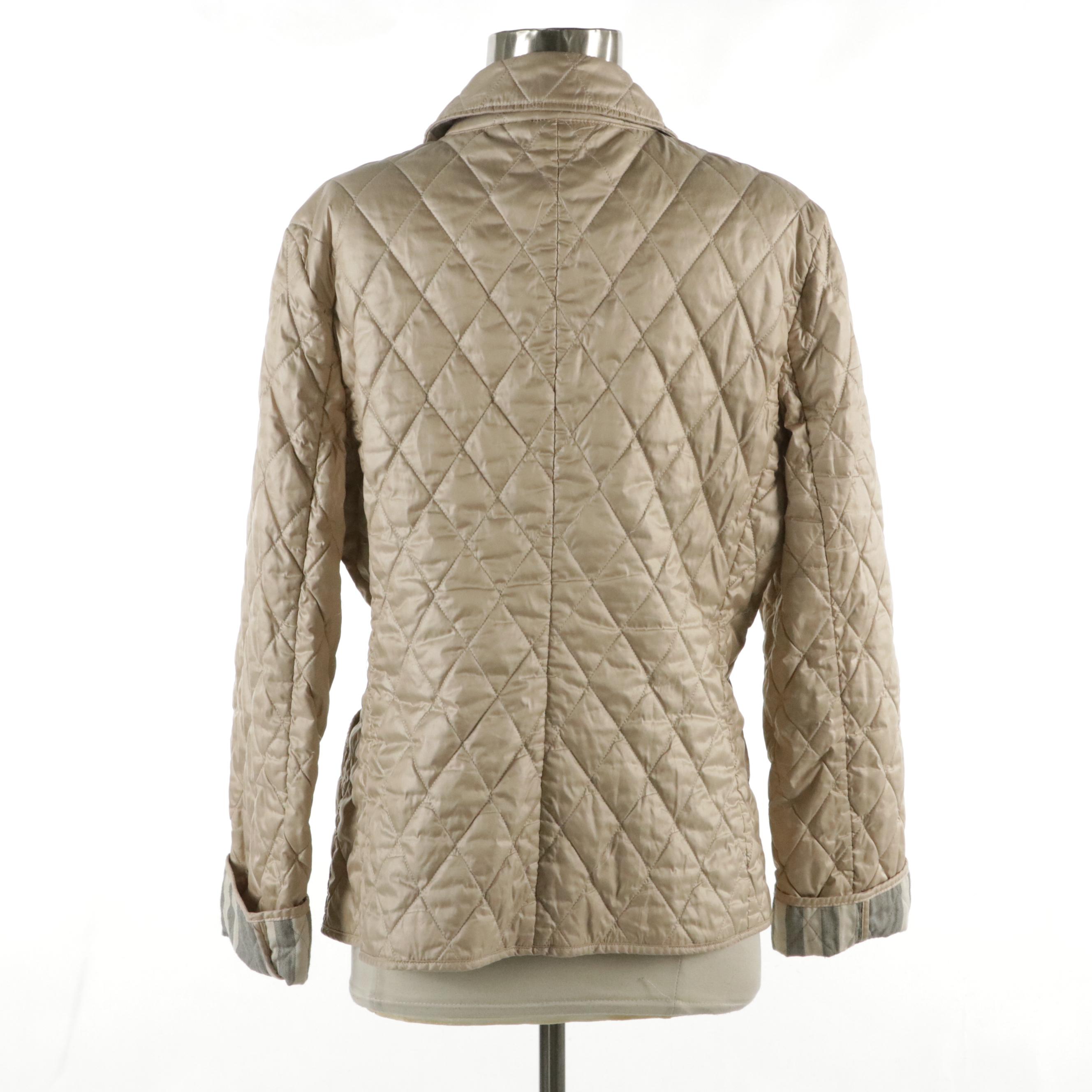 Burberry Quilted Snap-Front Coat in Shiny Beige Nylon with House Check Accents