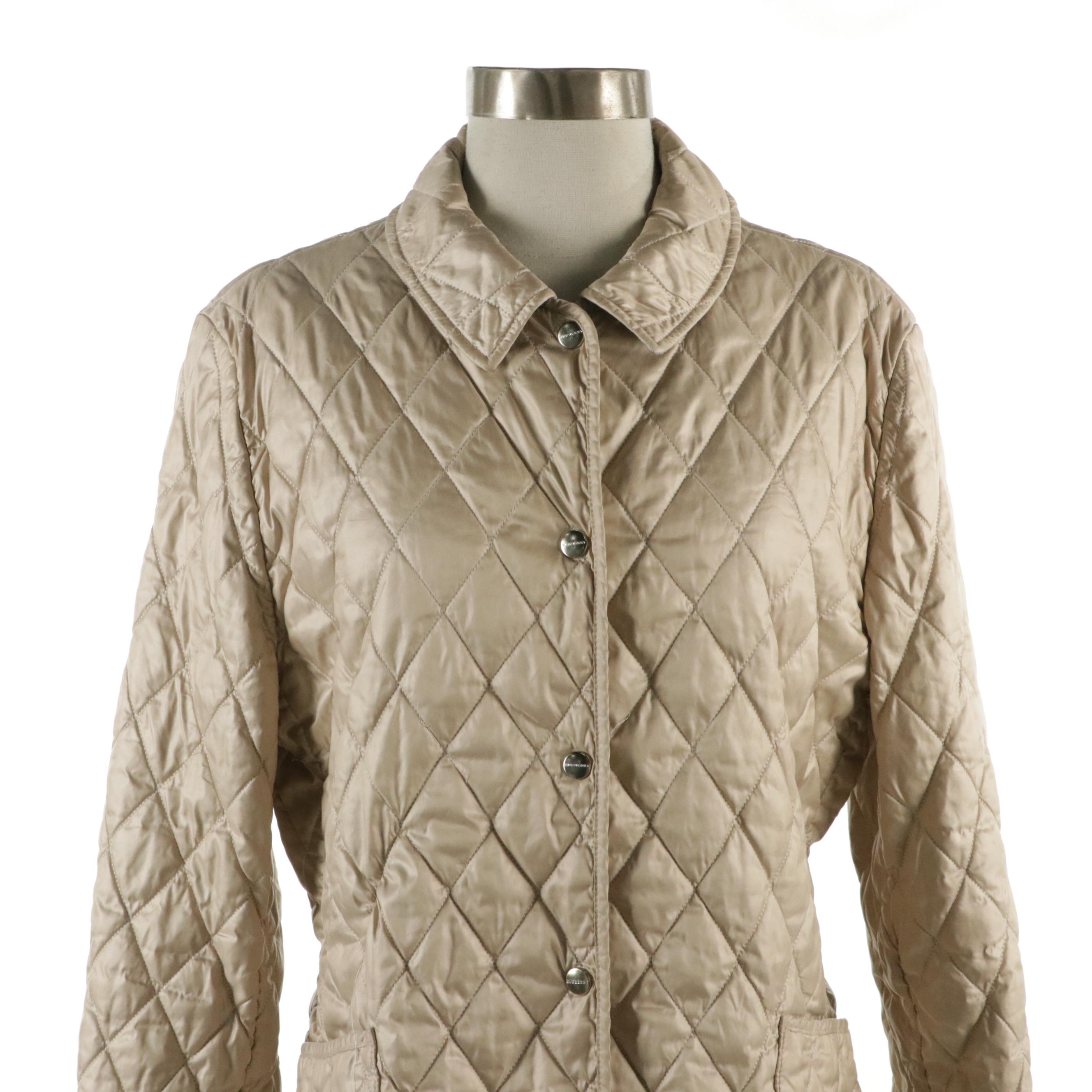 Burberry Quilted Snap-Front Coat in Shiny Beige Nylon with House Check Accents