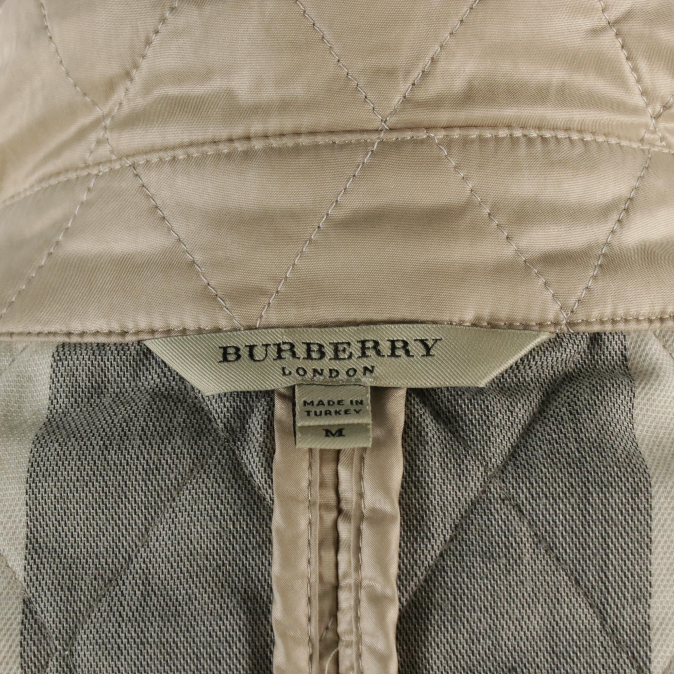 Burberry Quilted Snap-Front Coat in Shiny Beige Nylon with House Check Accents