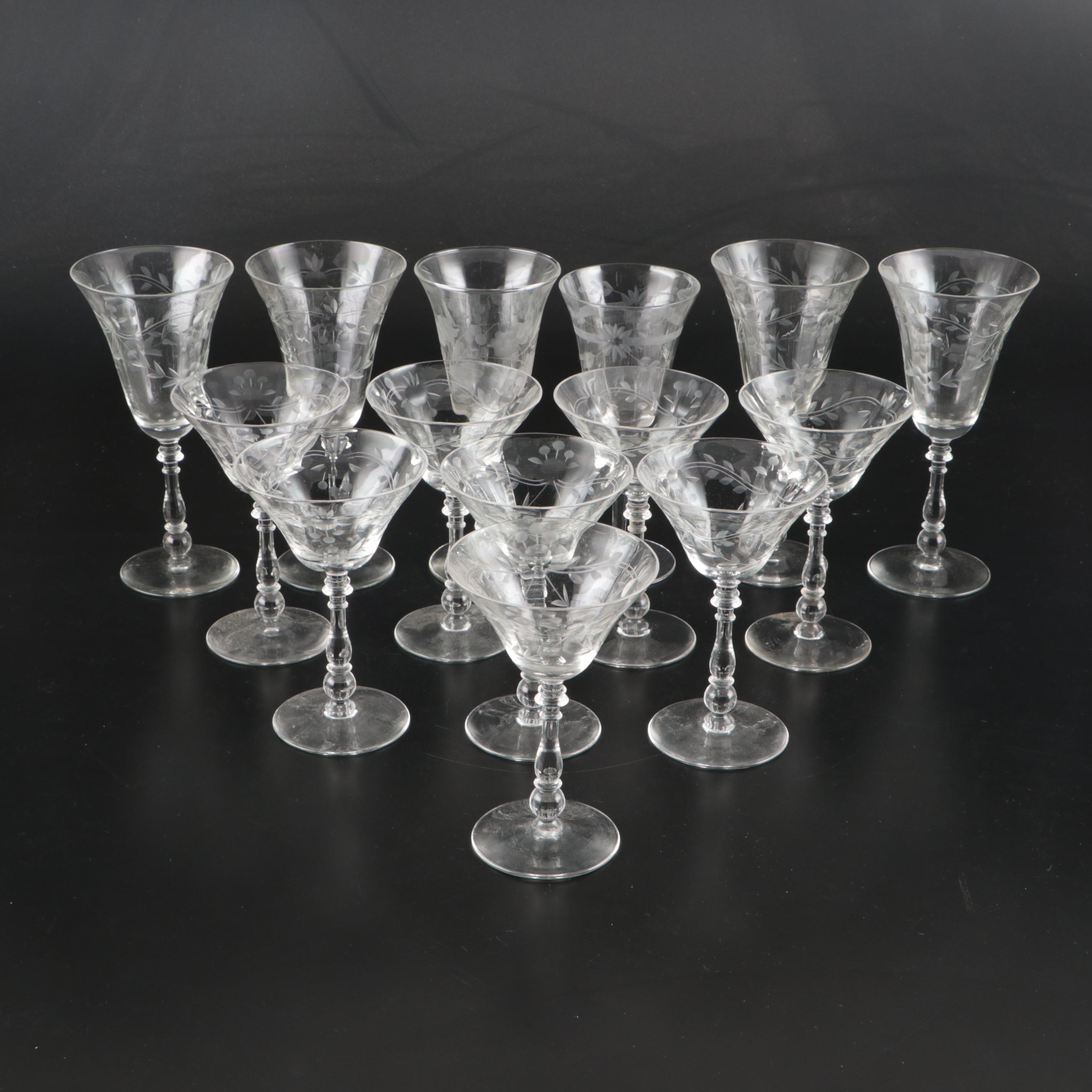 Art Deco Style Etched Glass Water Goblets, Wine Glasses, and Champagne Coupes