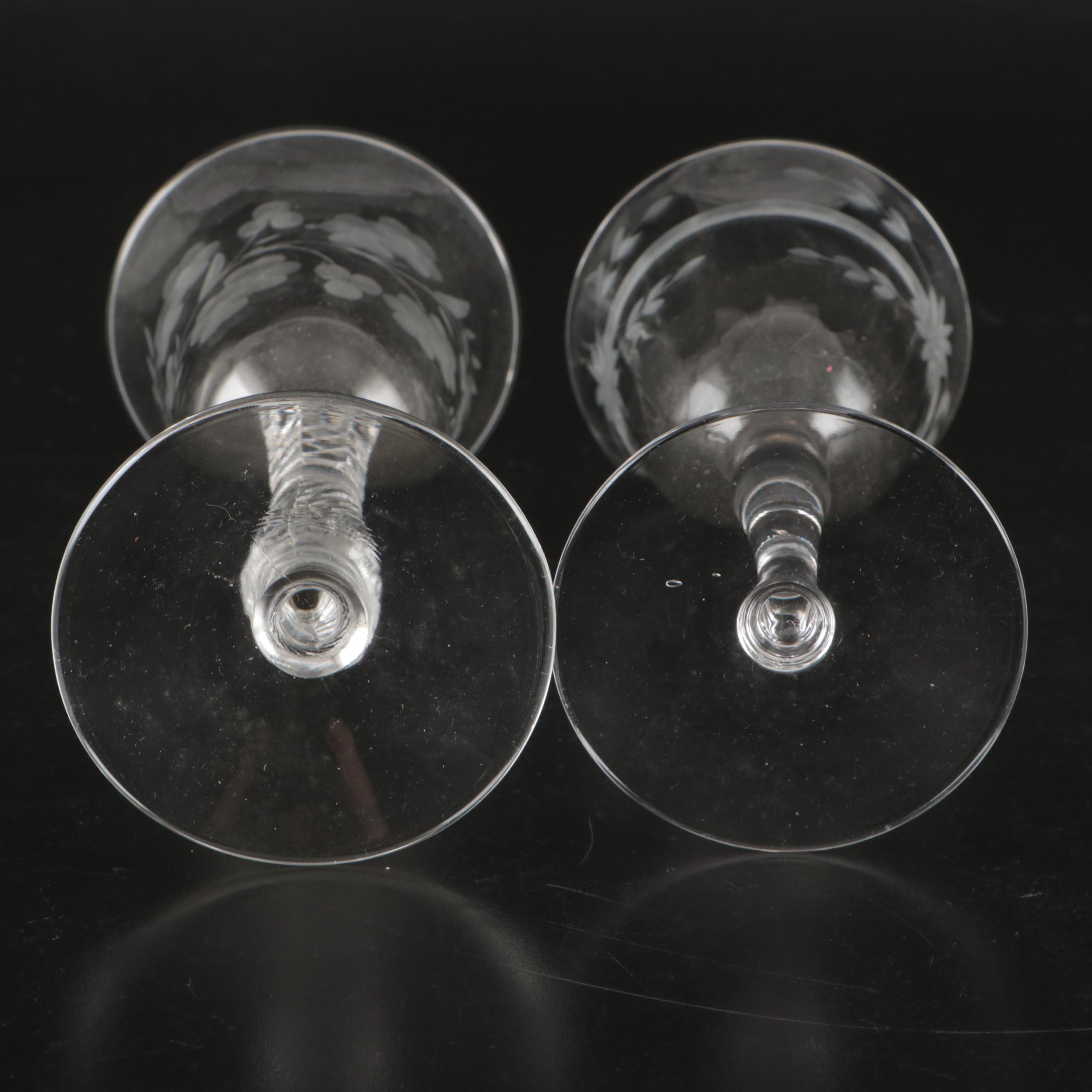 Art Deco Style Etched Glass Water Goblets, Wine Glasses, and Champagne Coupes