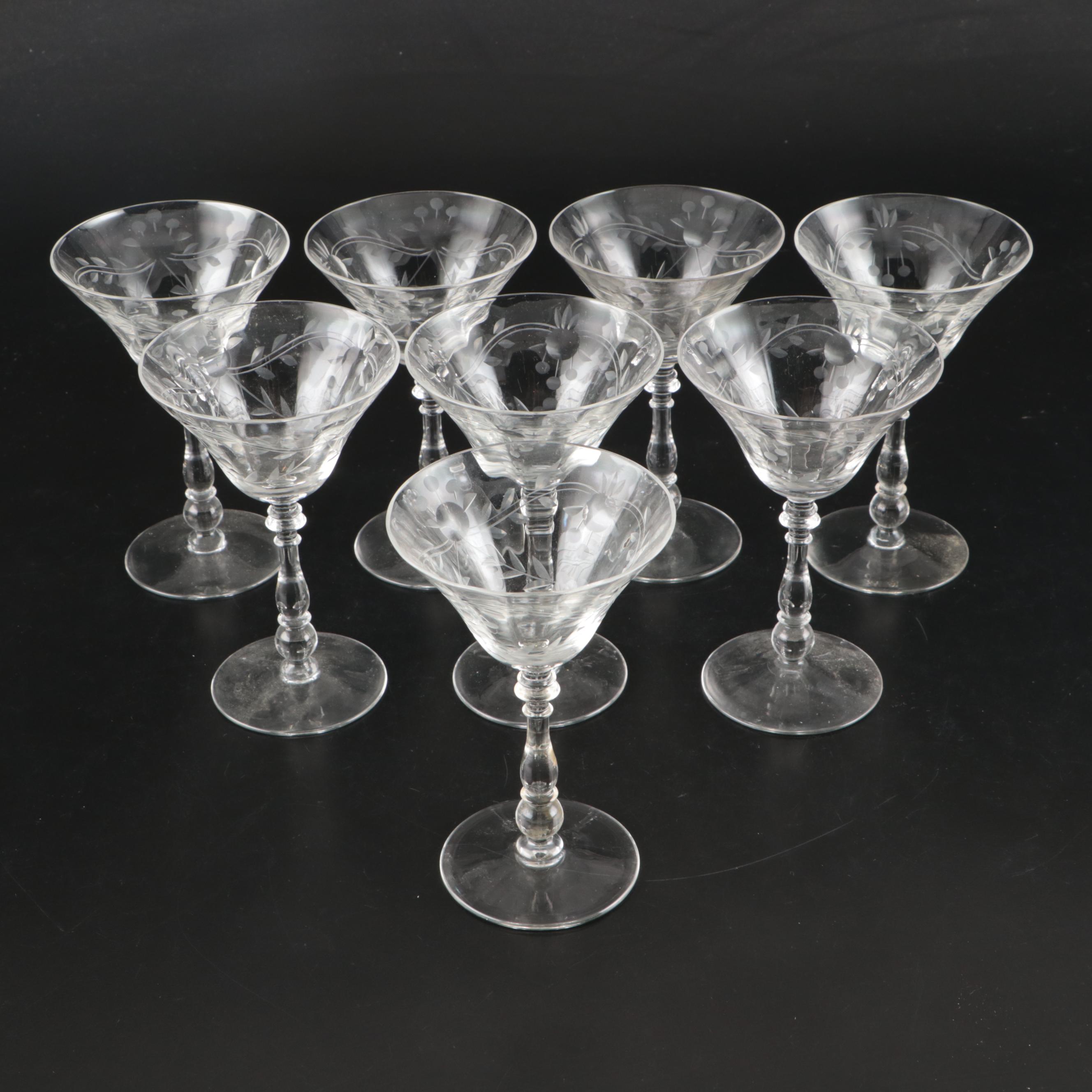 Art Deco Style Etched Glass Water Goblets, Wine Glasses, and Champagne Coupes