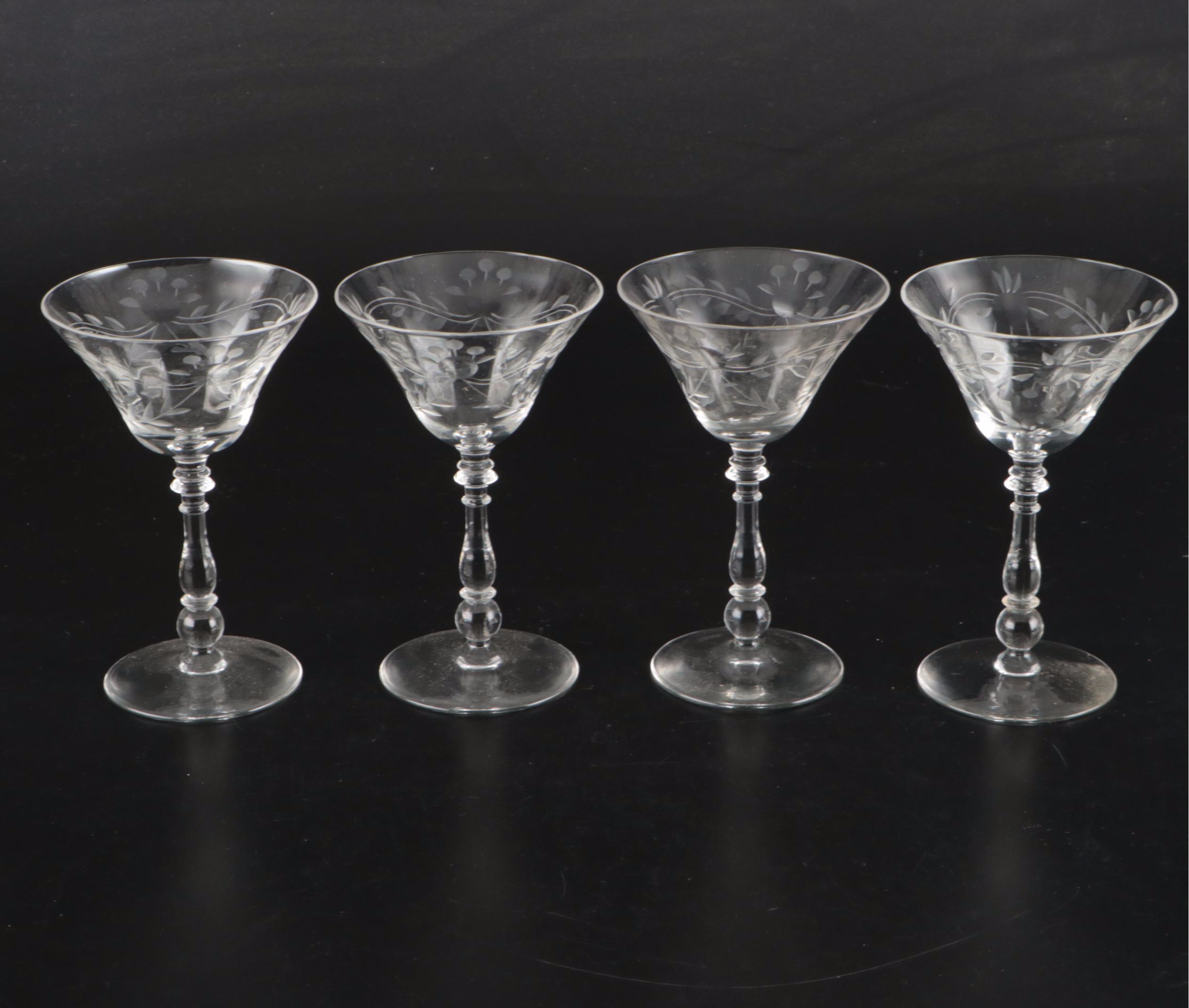 Art Deco Style Etched Glass Water Goblets, Wine Glasses, and Champagne Coupes