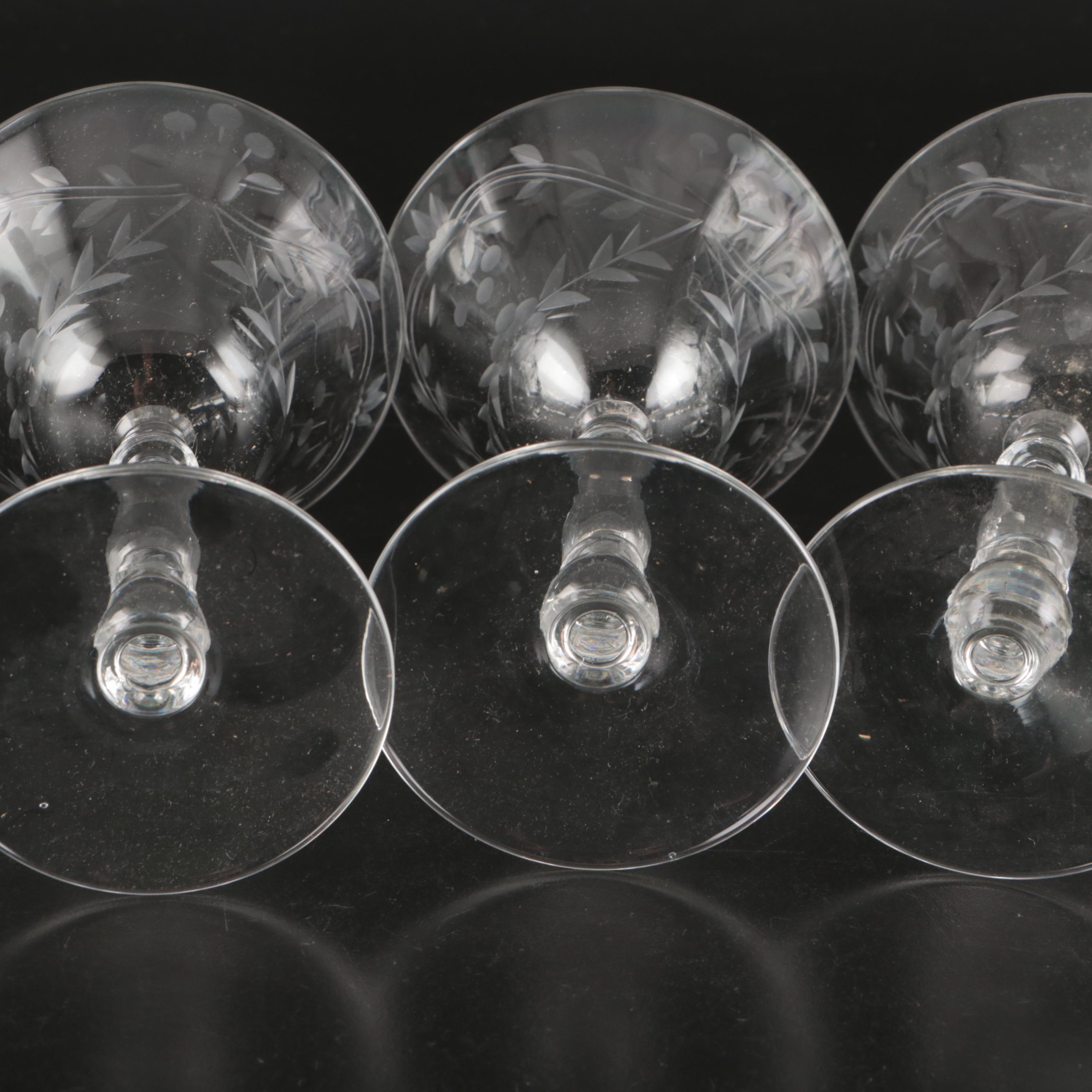 Art Deco Style Etched Glass Water Goblets, Wine Glasses, and Champagne Coupes