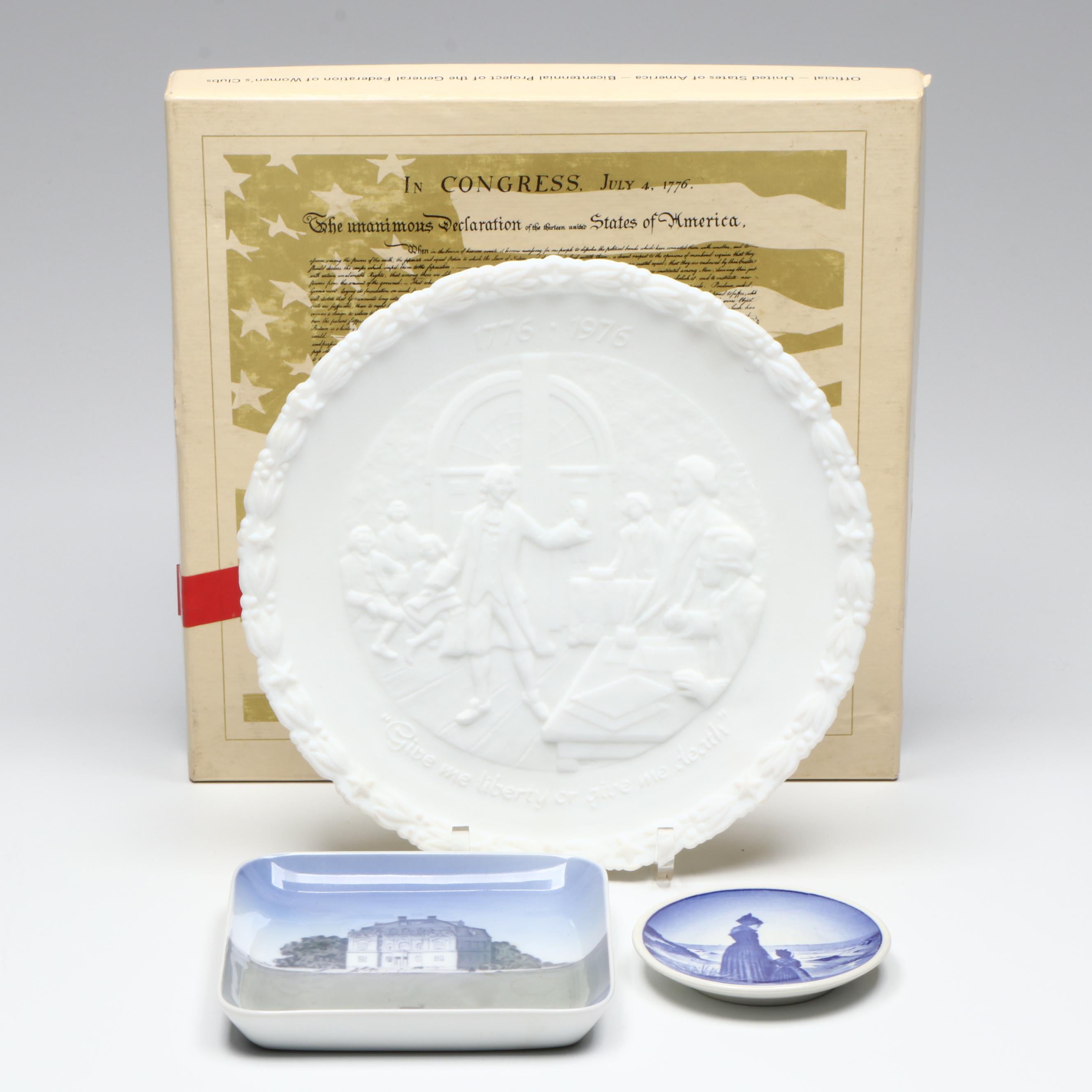 Fenton "A Portrait of Liberty" Glass Plate with Danish Porcelain Trinket Dishes