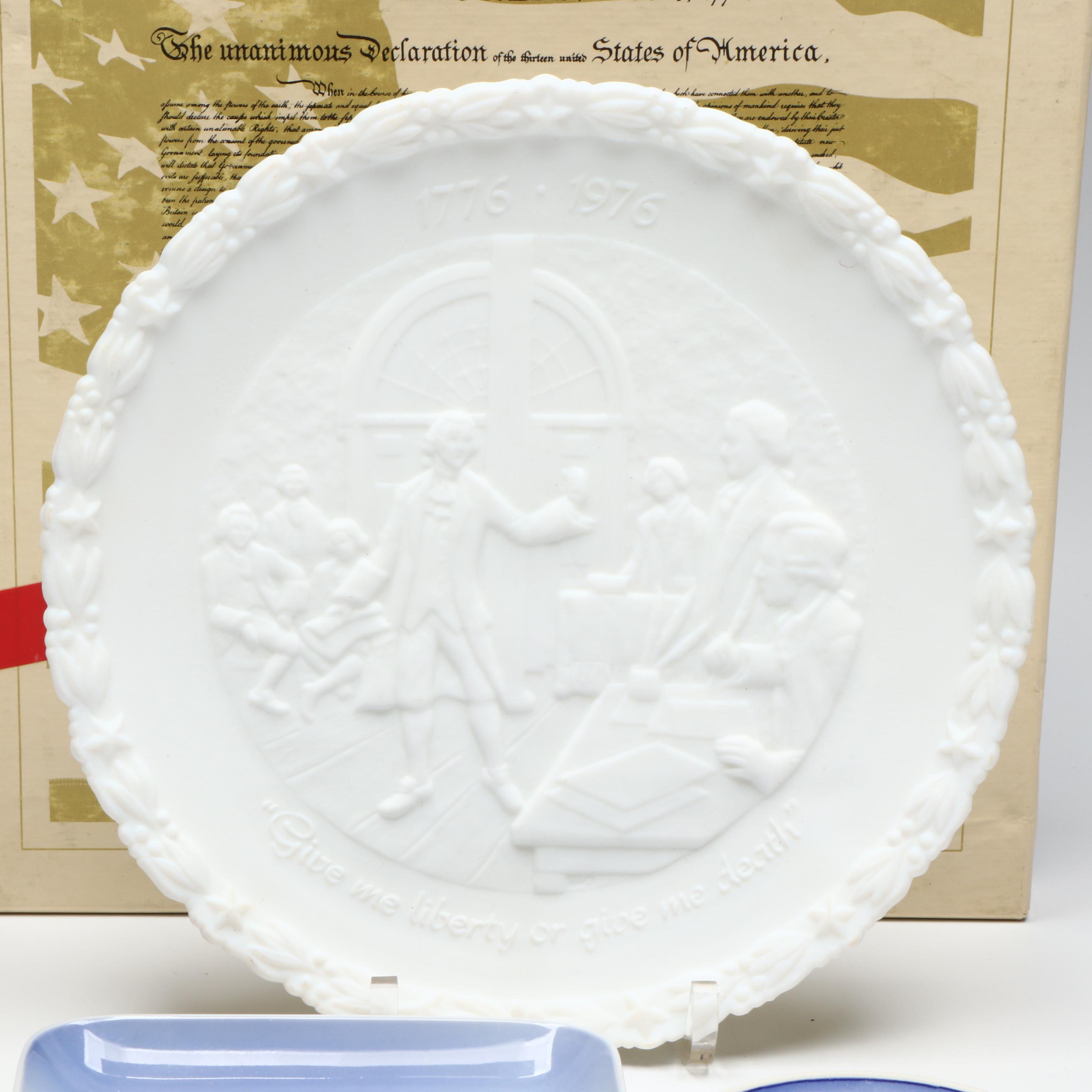 Fenton "A Portrait of Liberty" Glass Plate with Danish Porcelain Trinket Dishes