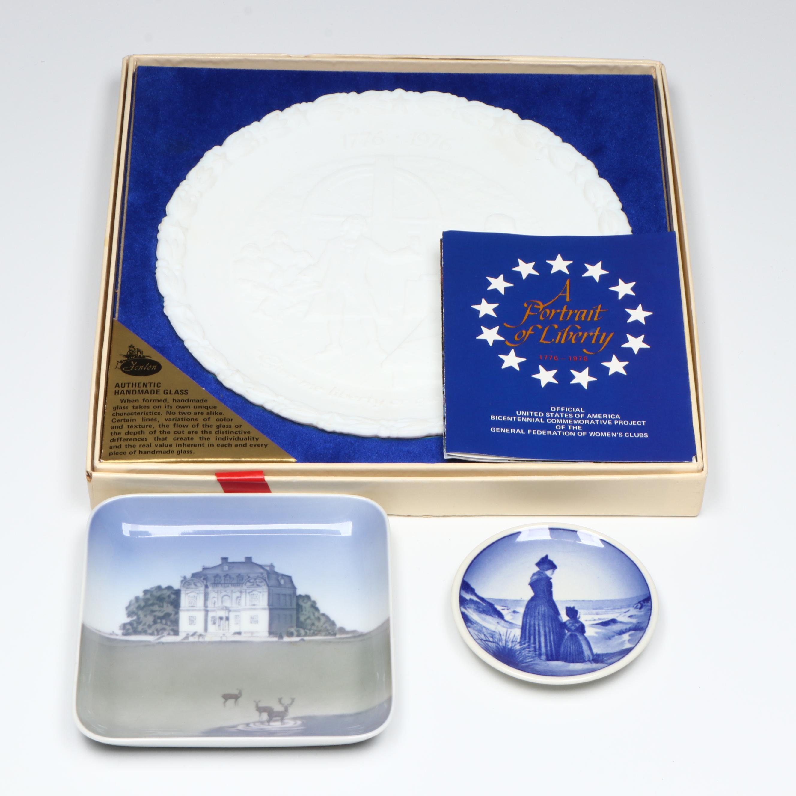 Fenton "A Portrait of Liberty" Glass Plate with Danish Porcelain Trinket Dishes