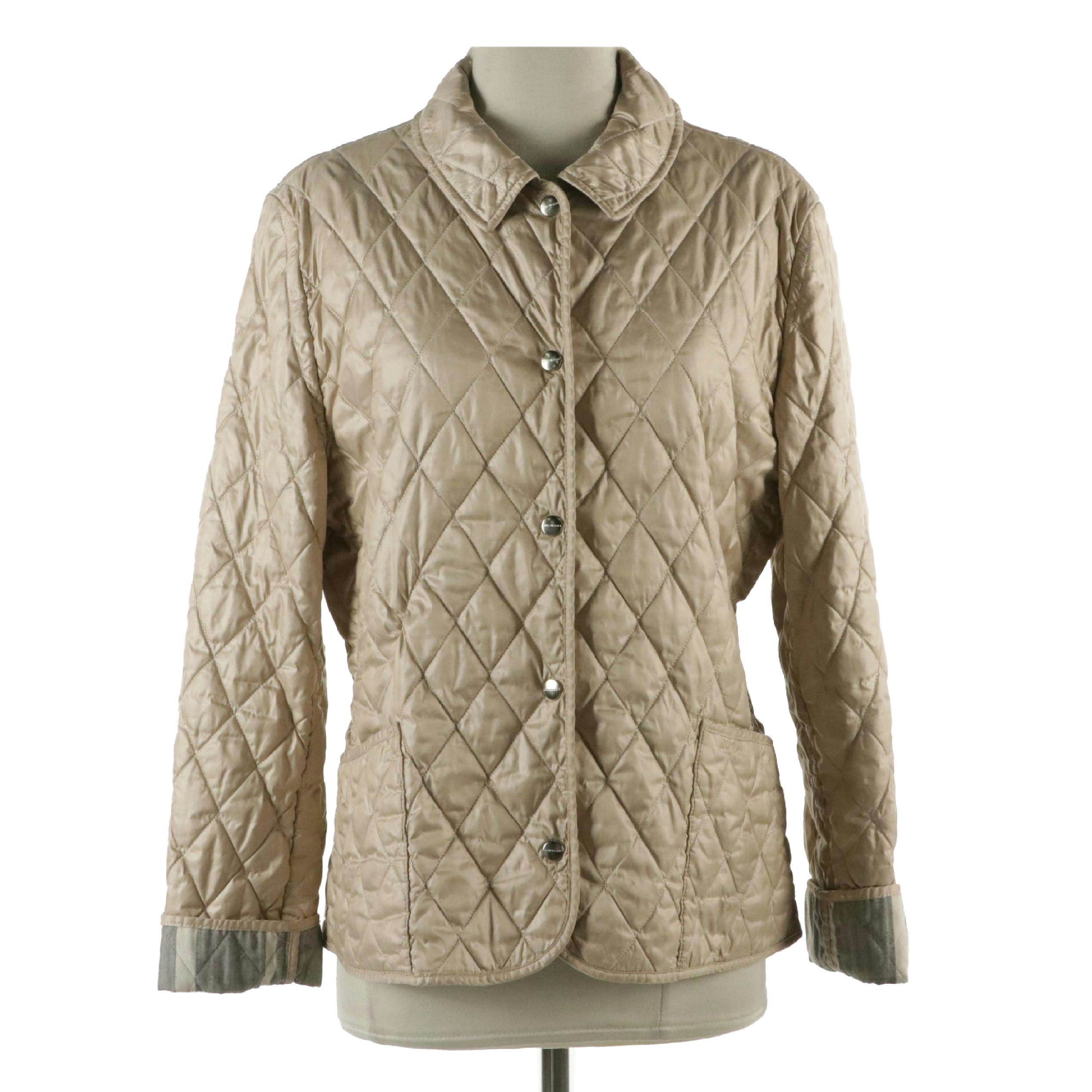 Burberry Quilted Snap-Front Coat in Shiny Beige Nylon with House Check Accents