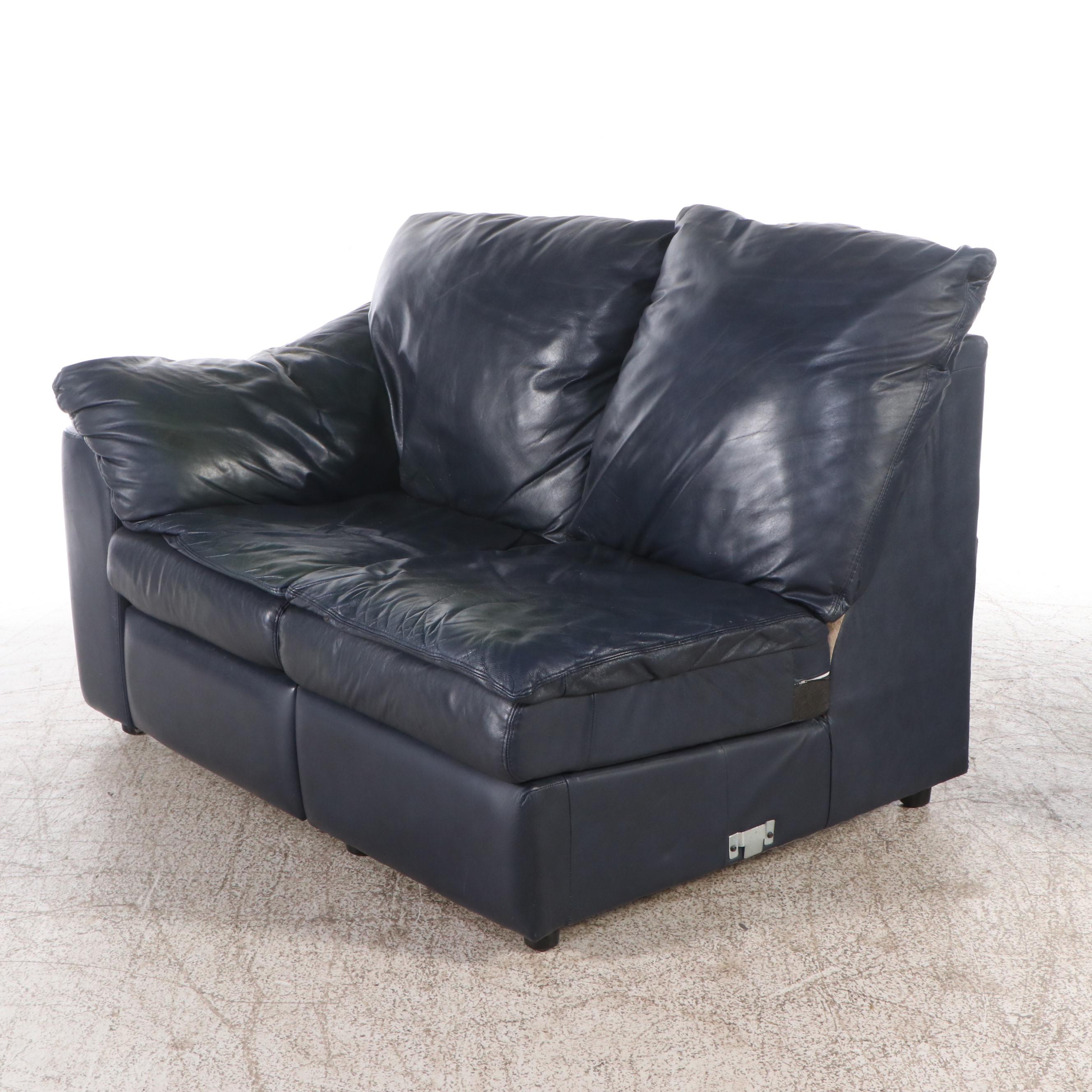 Blue Leather Upholstered Two-Piece Reclining Sectional Sofa