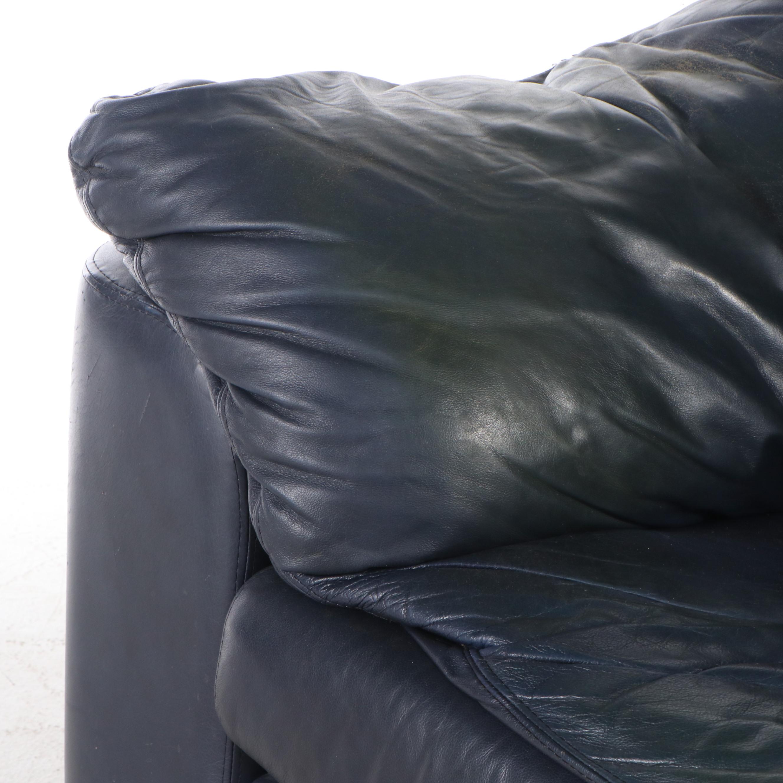 Blue Leather Upholstered Two-Piece Reclining Sectional Sofa