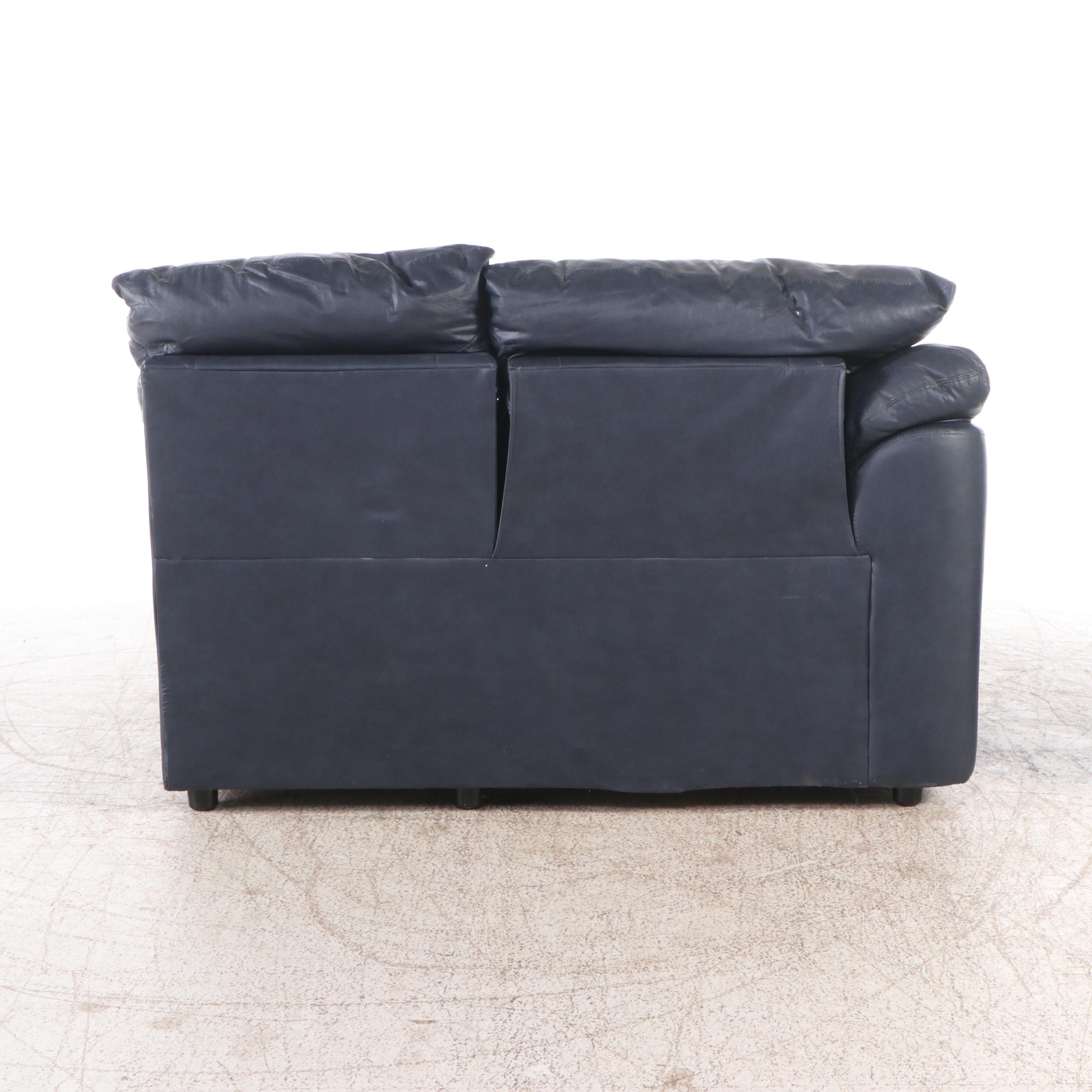 Blue Leather Upholstered Two-Piece Reclining Sectional Sofa