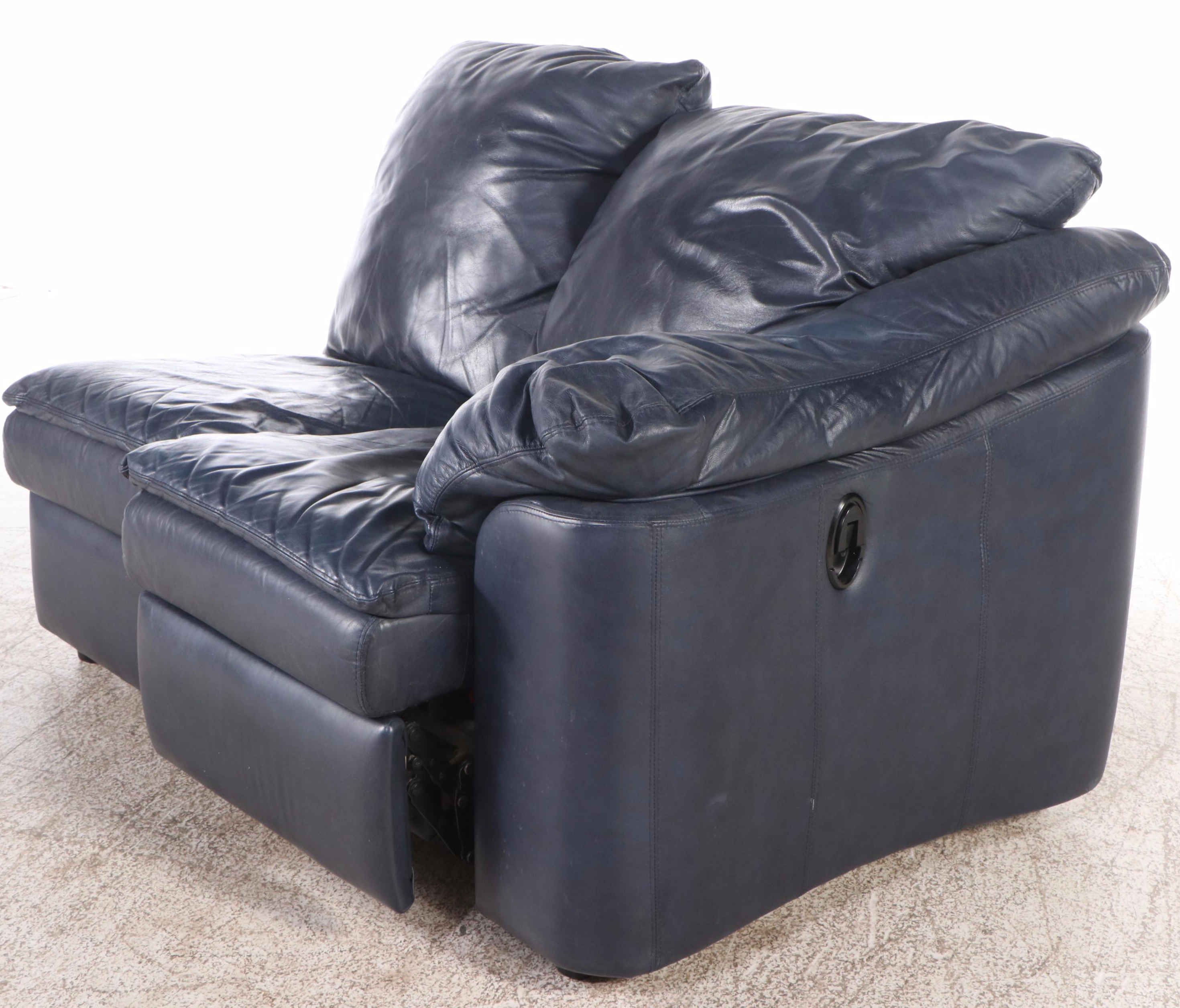 Blue Leather Upholstered Two-Piece Reclining Sectional Sofa