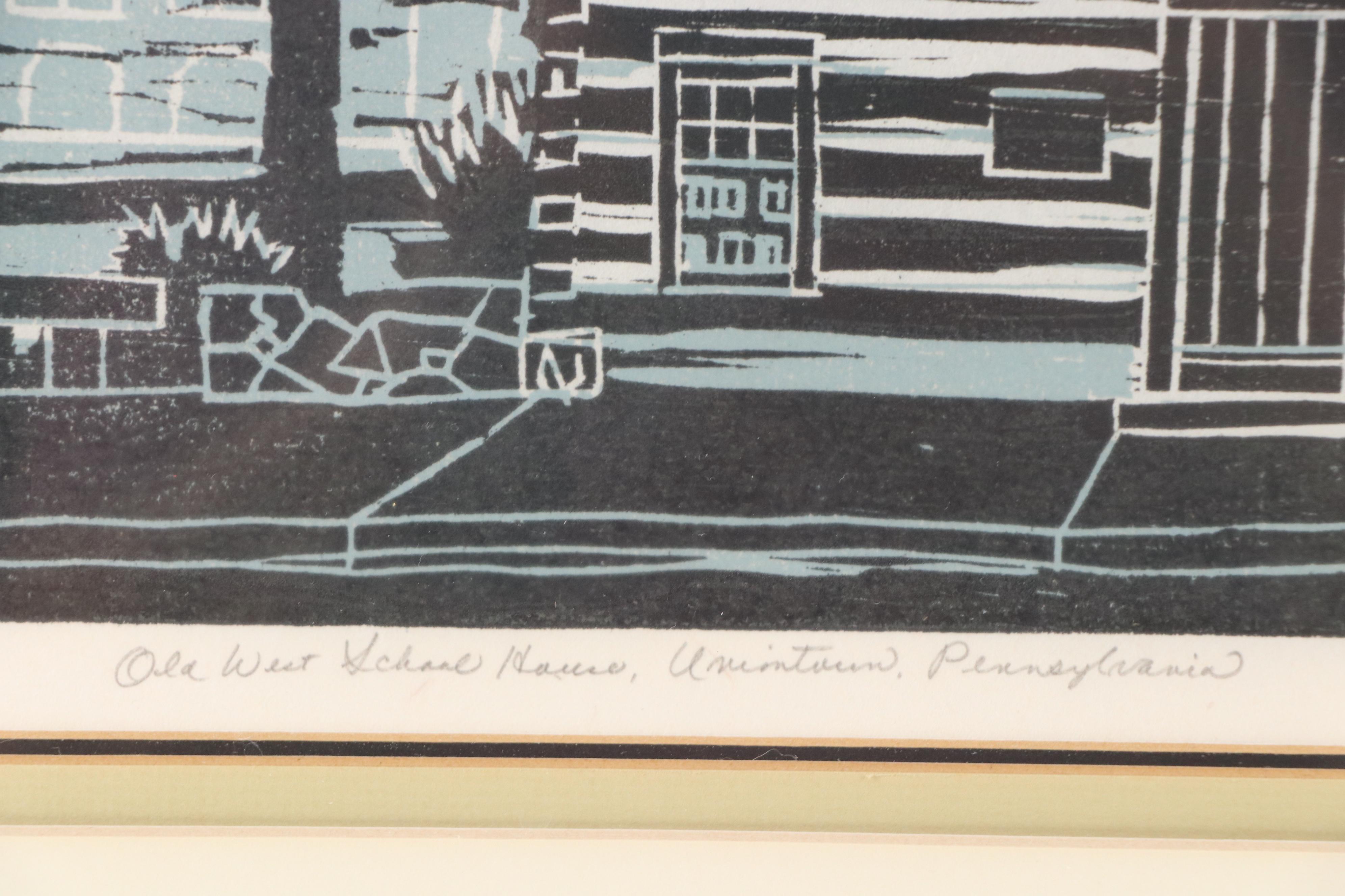 Modernist Rural Woodcut "Old West School House, Uniontown Pennsylvania"