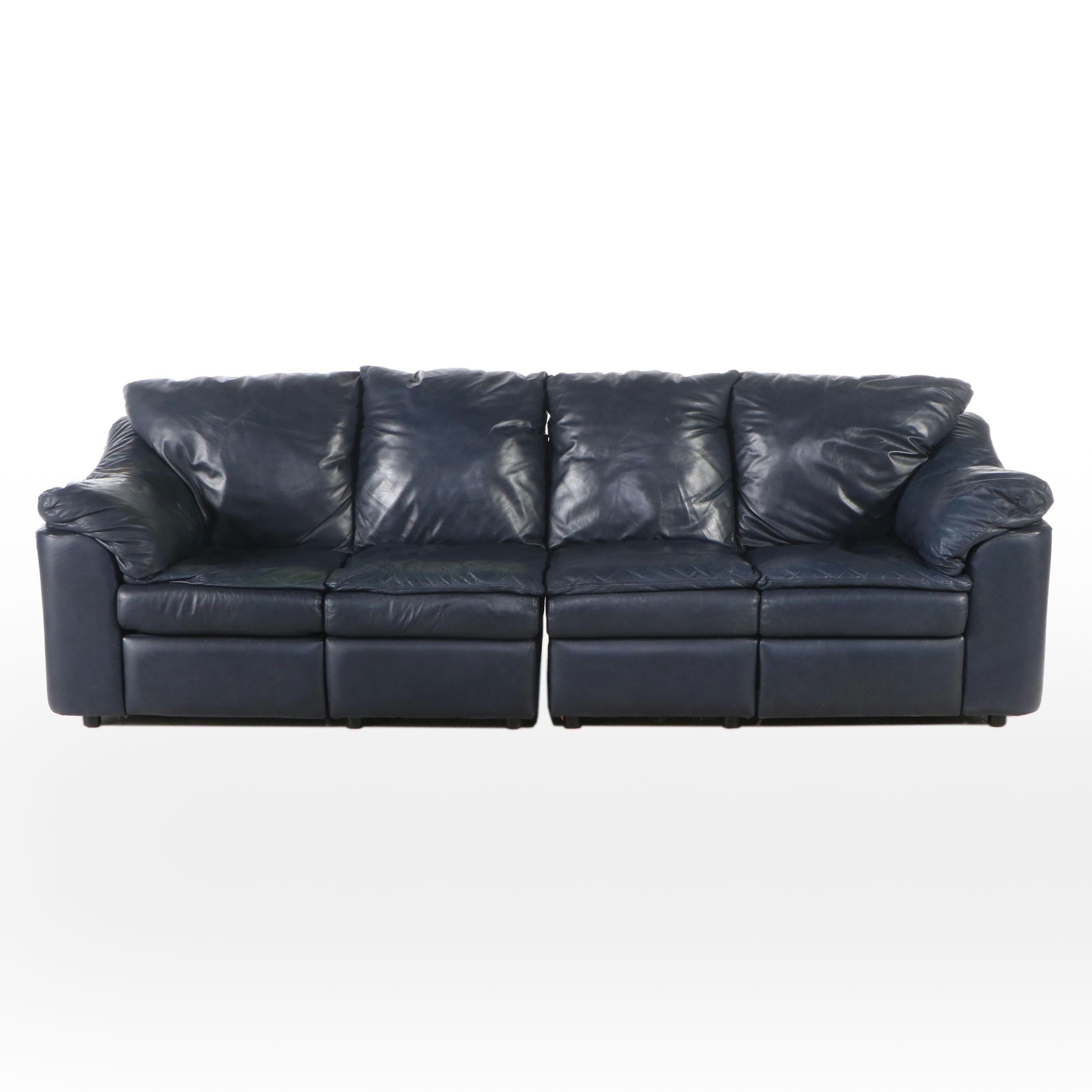 Blue Leather Upholstered Two-Piece Reclining Sectional Sofa