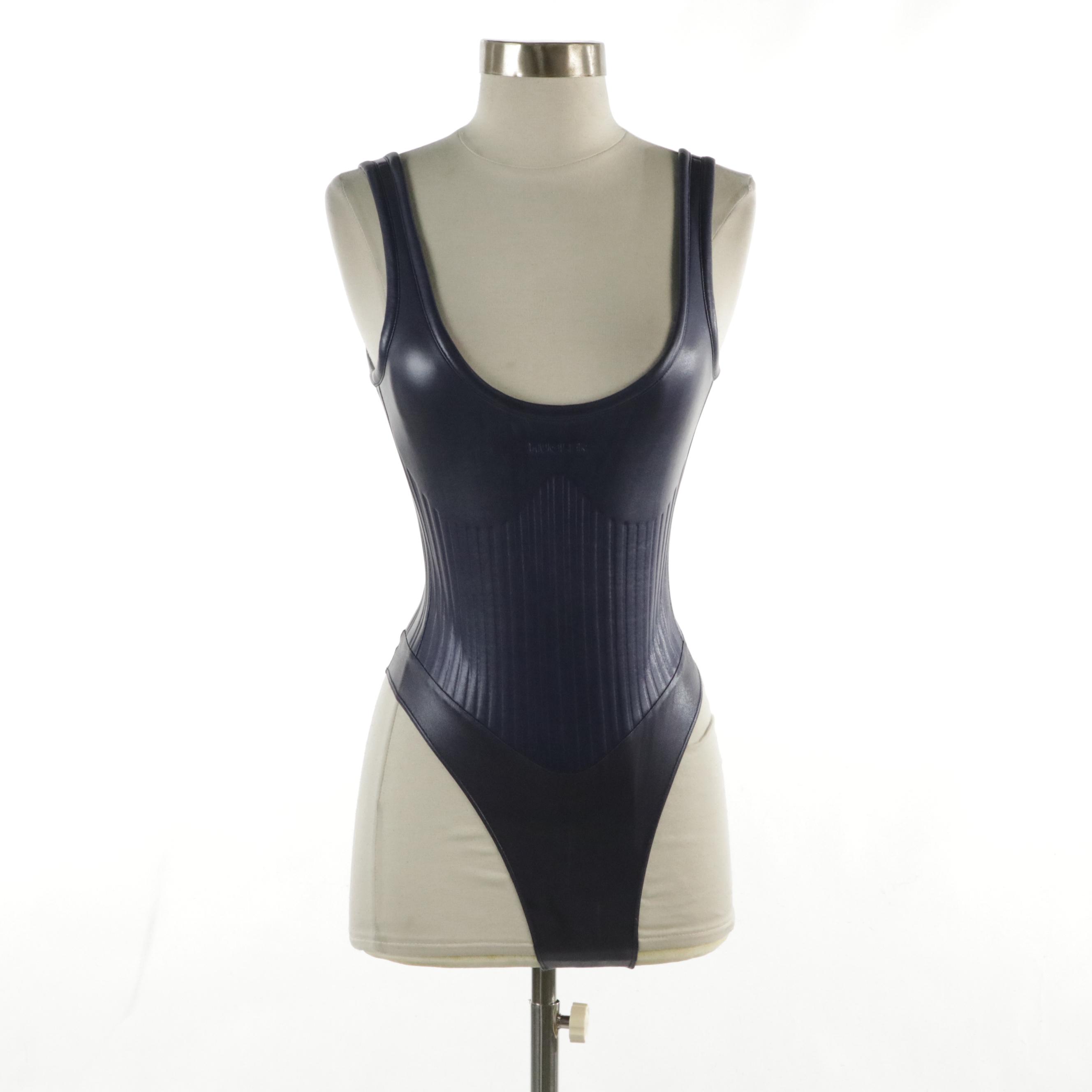 Mugler Purple Debossed Neoprene Bodysuit and Cropped Pants Two-Piece Set