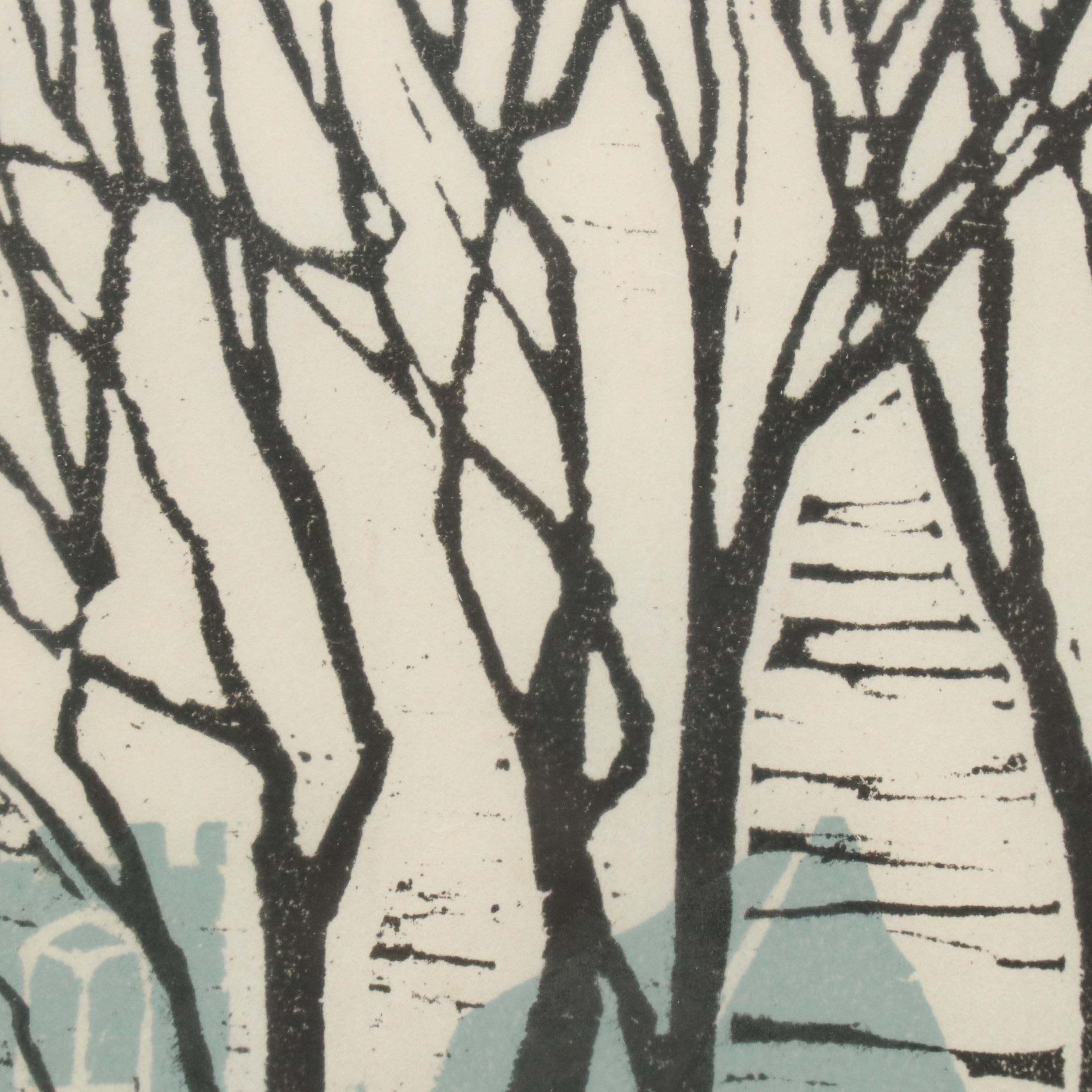 Modernist Rural Woodcut "Old West School House, Uniontown Pennsylvania"