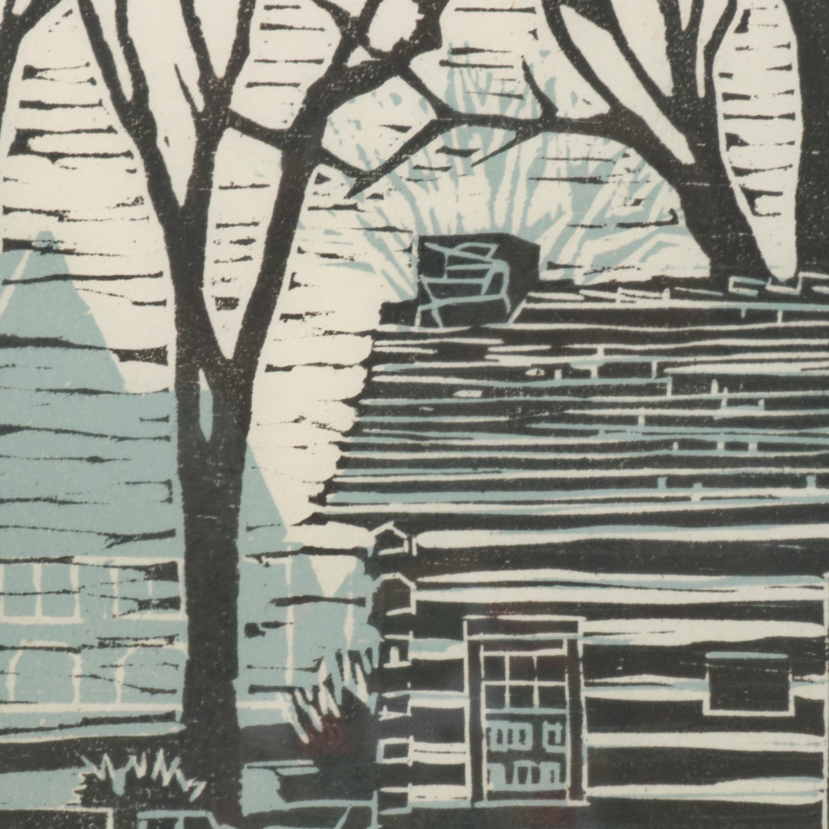 Modernist Rural Woodcut "Old West School House, Uniontown Pennsylvania"