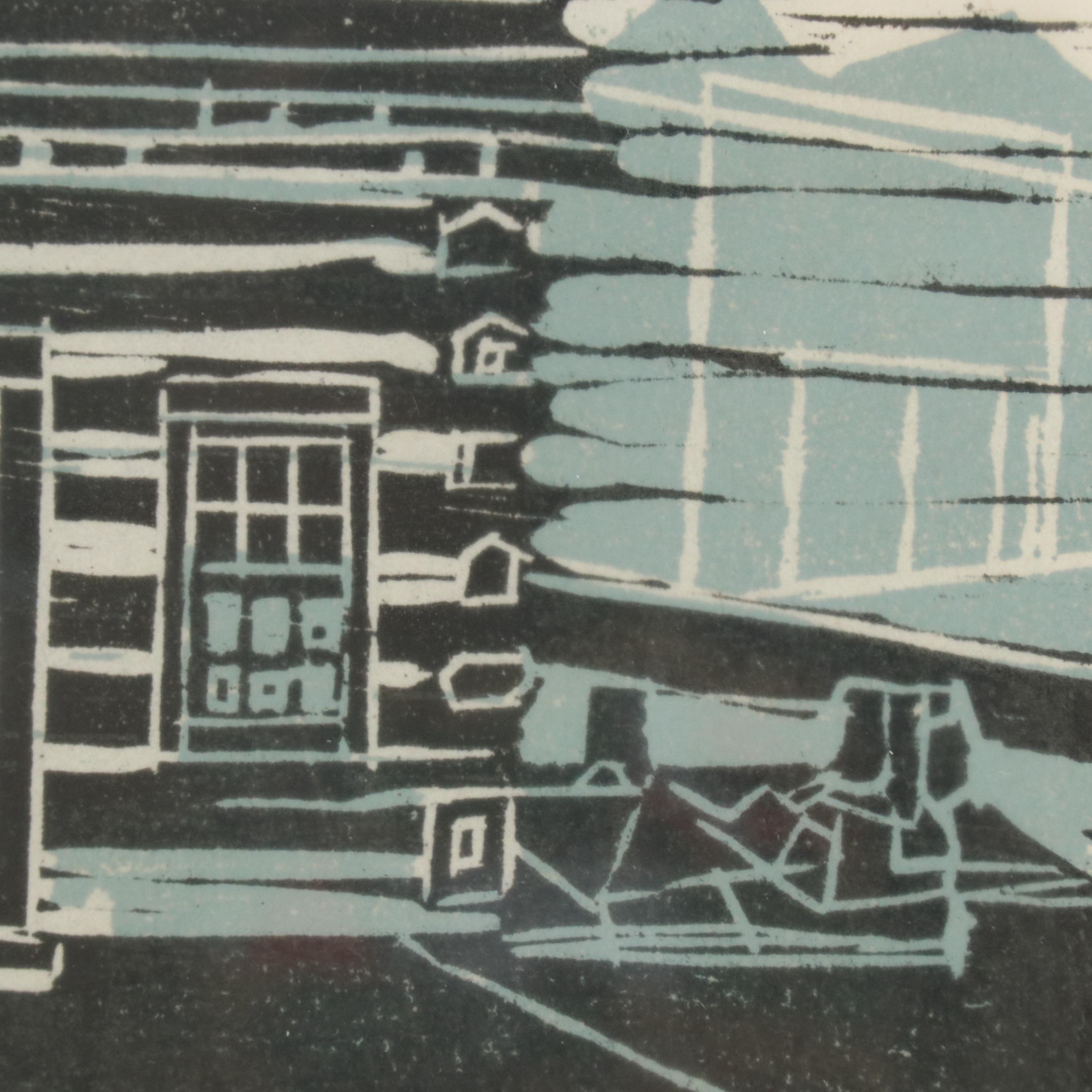 Modernist Rural Woodcut "Old West School House, Uniontown Pennsylvania"