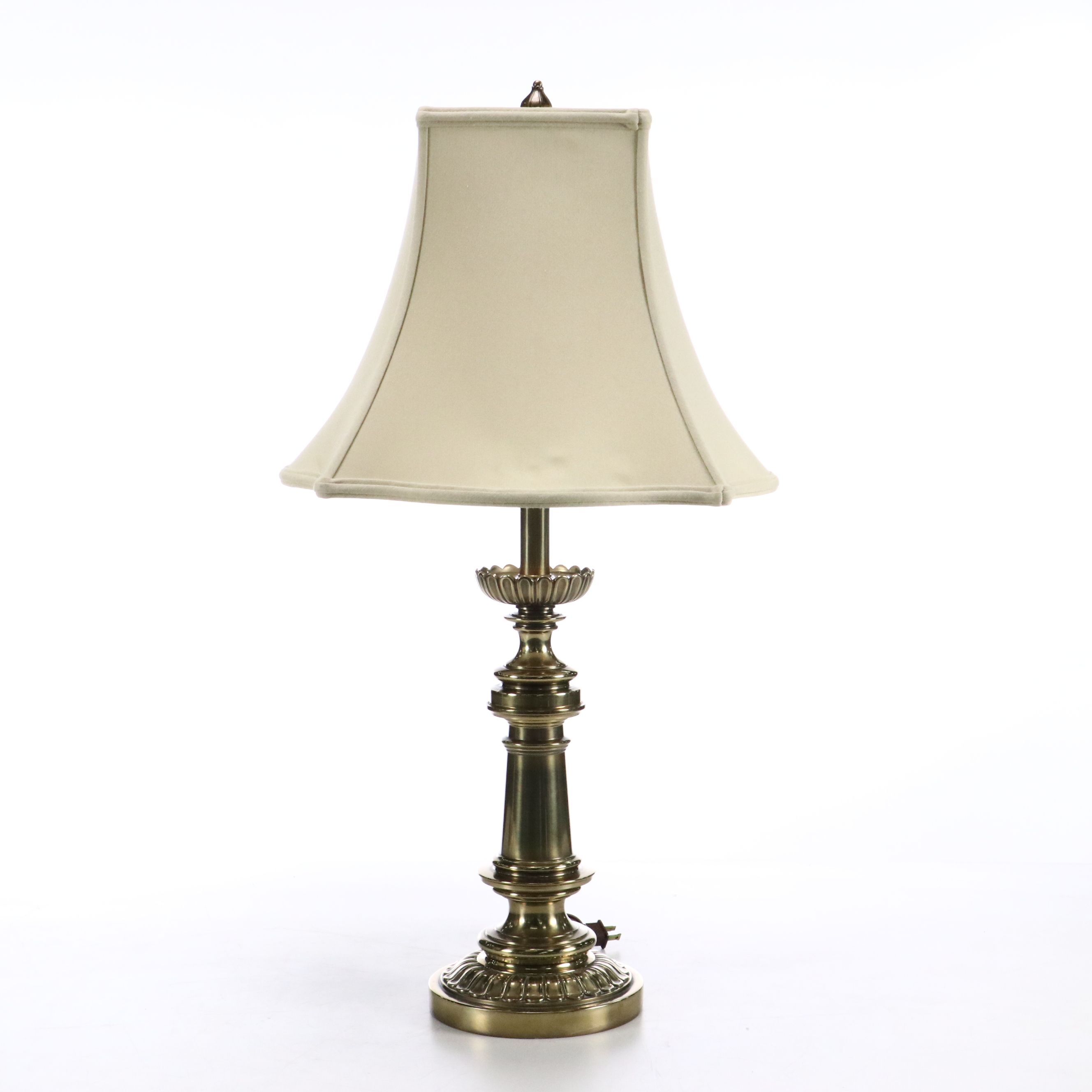 Pair of Stiffel Brass Table Lamps with Silk Square Bell Shades, Vintage