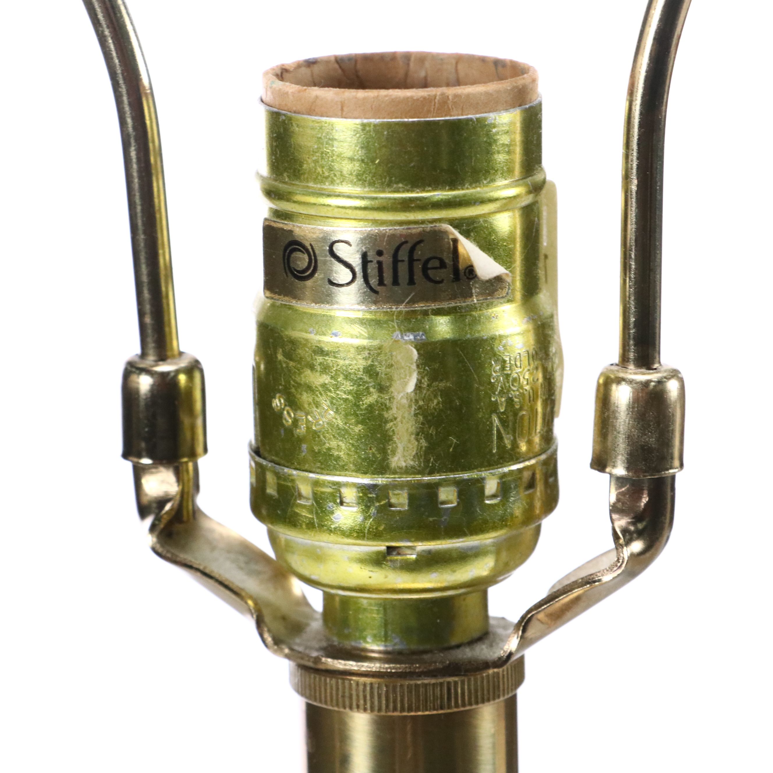 Pair of Stiffel Brass Table Lamps with Silk Square Bell Shades, Vintage