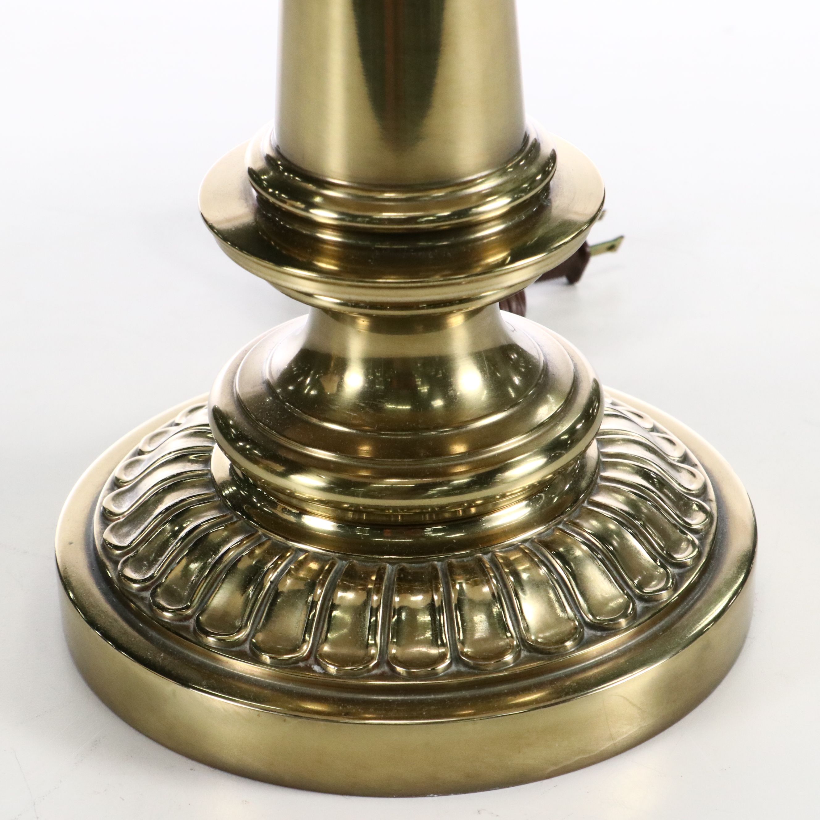 Pair of Stiffel Brass Table Lamps with Silk Square Bell Shades, Vintage