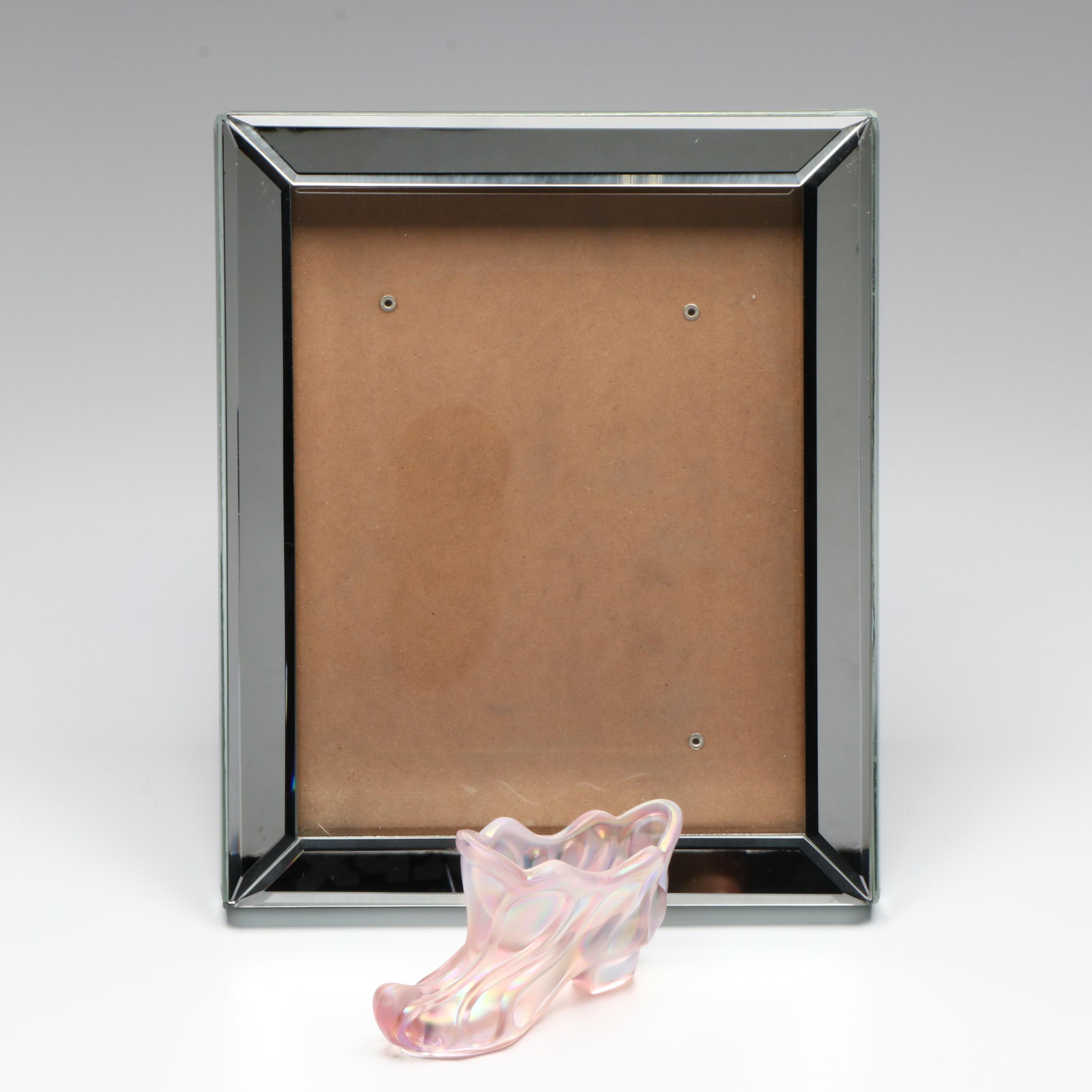 Fenton Iridescent Pink Glass Shoe Vase and Mirror Rim Frame