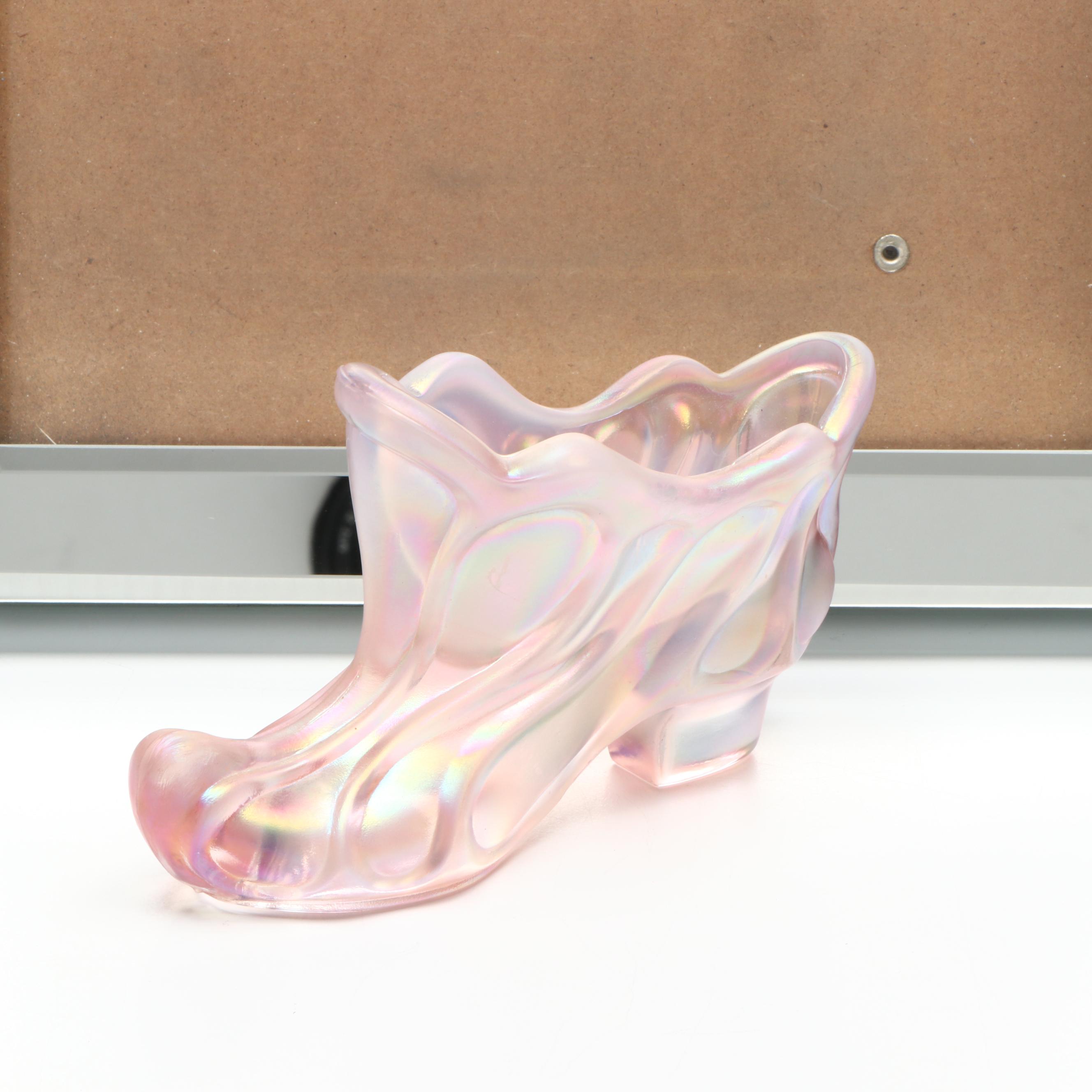Fenton Iridescent Pink Glass Shoe Vase and Mirror Rim Frame
