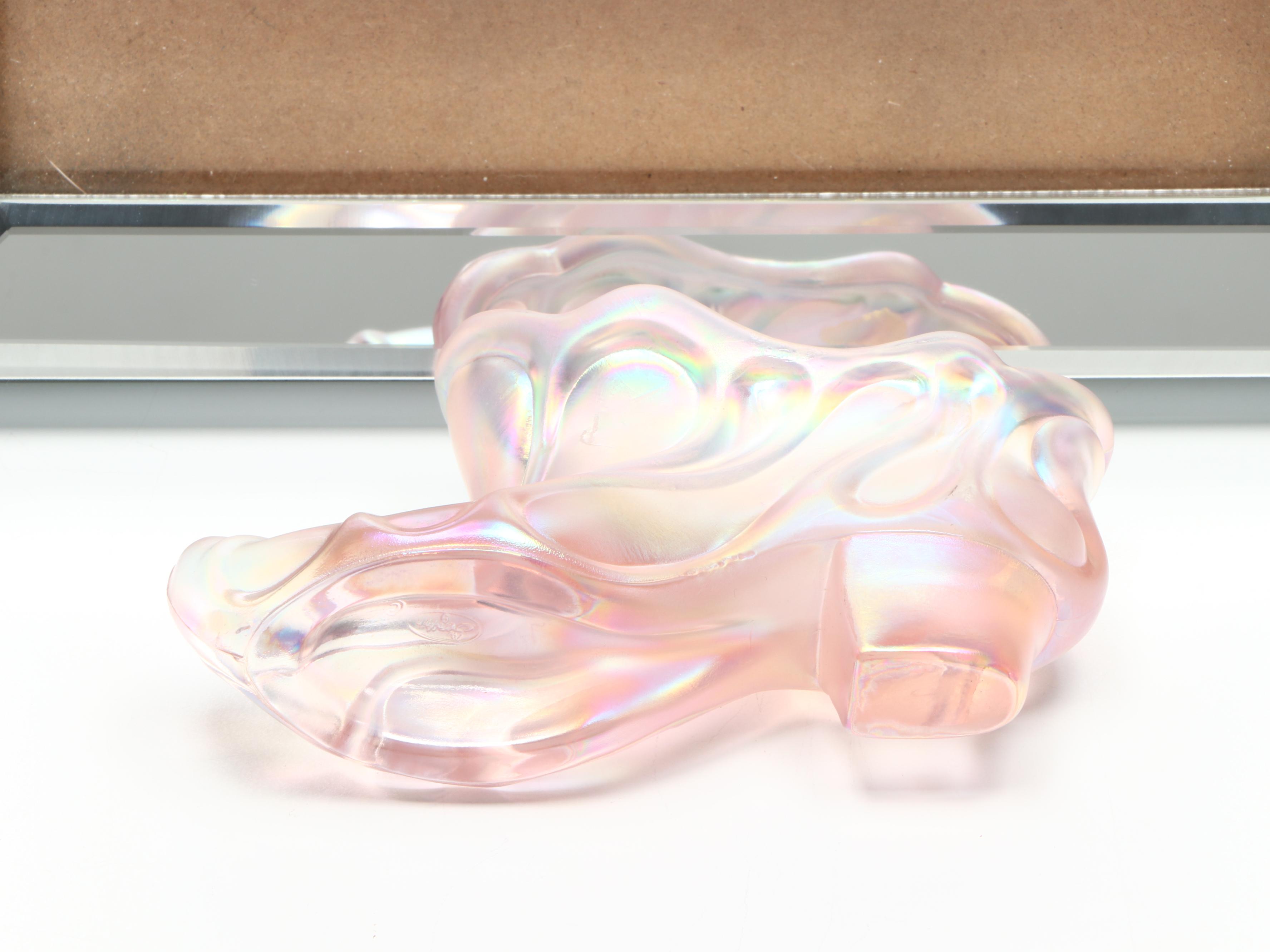 Fenton Iridescent Pink Glass Shoe Vase and Mirror Rim Frame