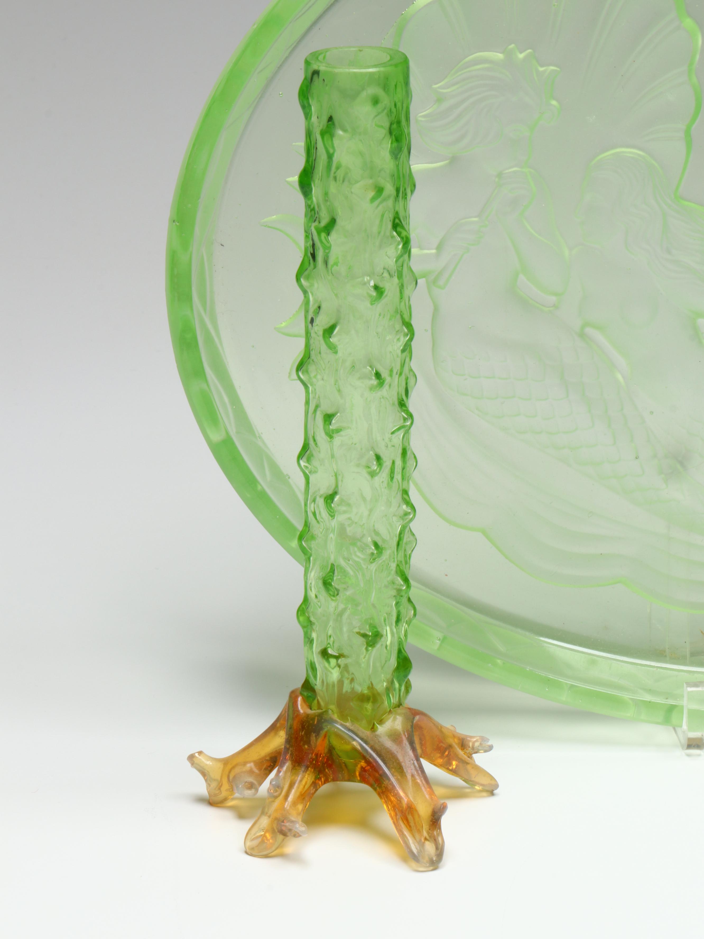 Walther & Sohne "Nymphen" Uranium Glass Vanity Tray with Ice Bucket and Vase