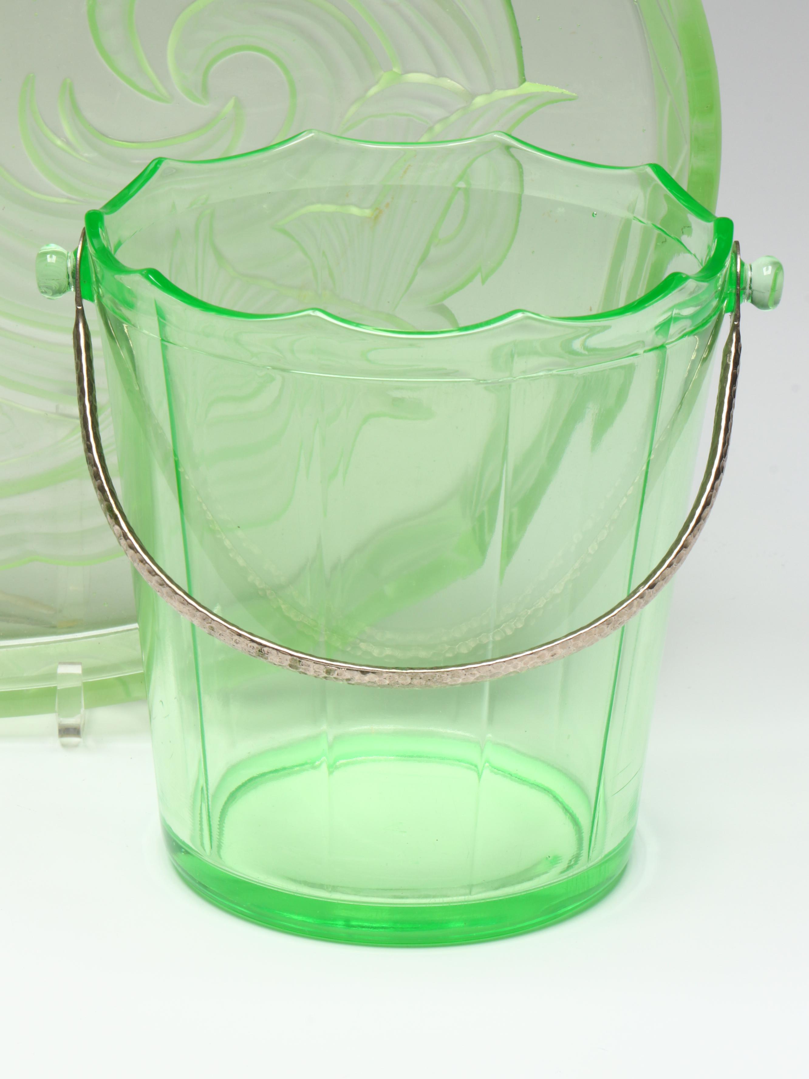 Walther & Sohne "Nymphen" Uranium Glass Vanity Tray with Ice Bucket and Vase