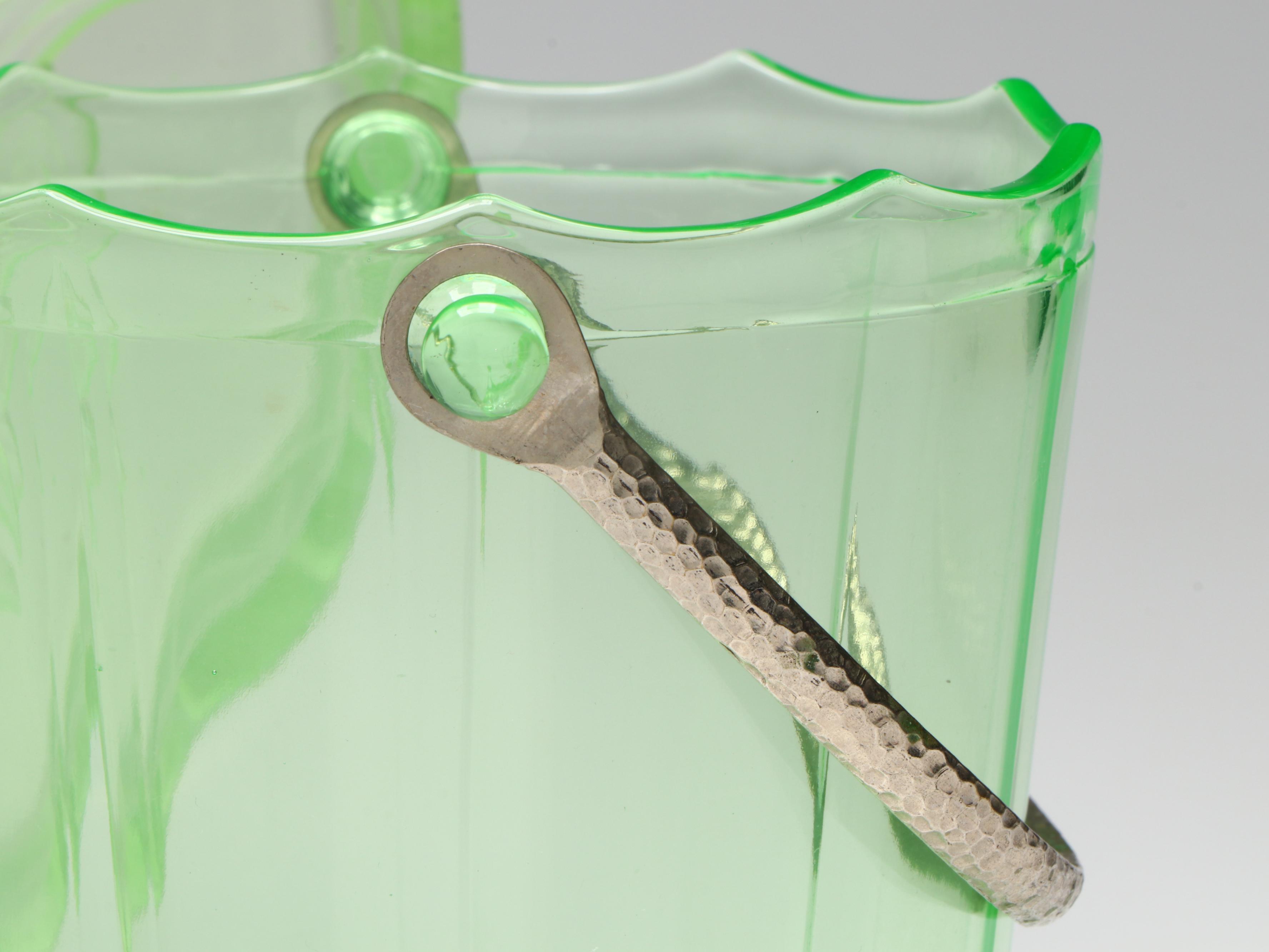 Walther & Sohne "Nymphen" Uranium Glass Vanity Tray with Ice Bucket and Vase