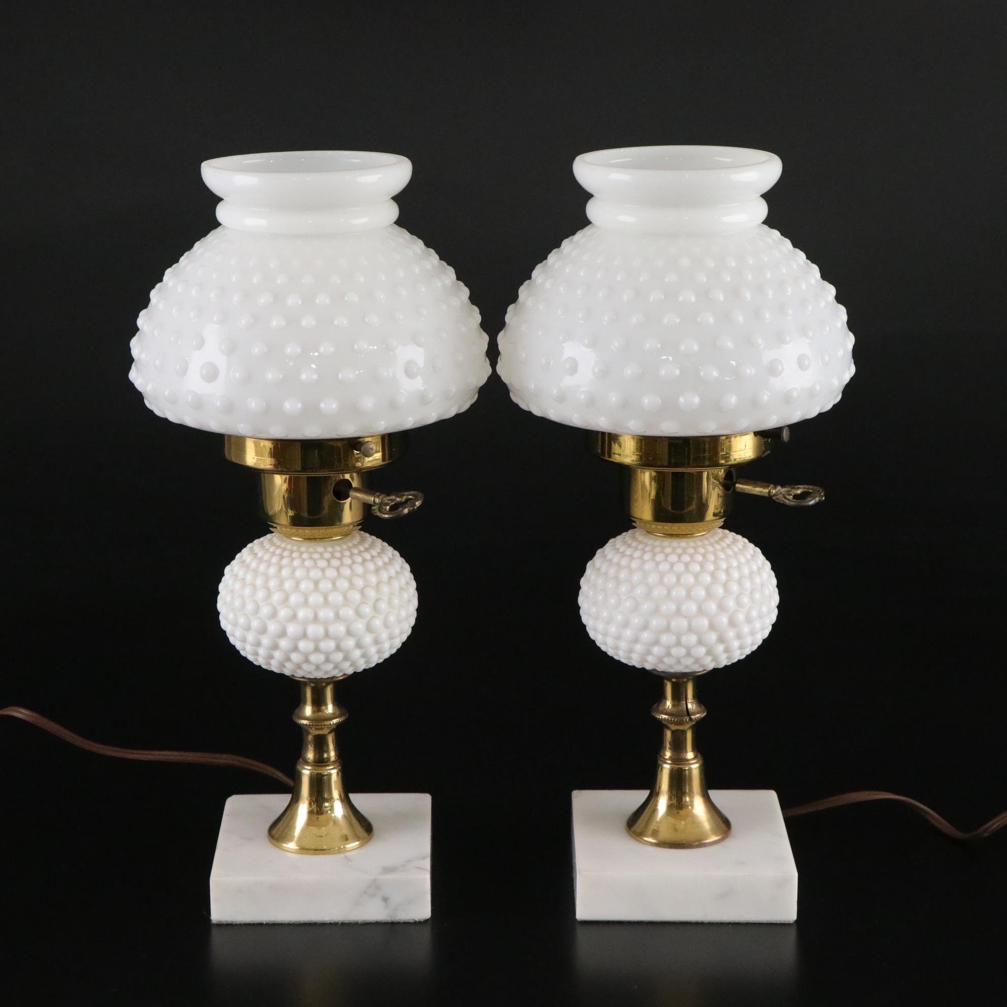 Pair of Milk Glass Dresser Lamps on Marble Bases, Mid to Late 20th Century