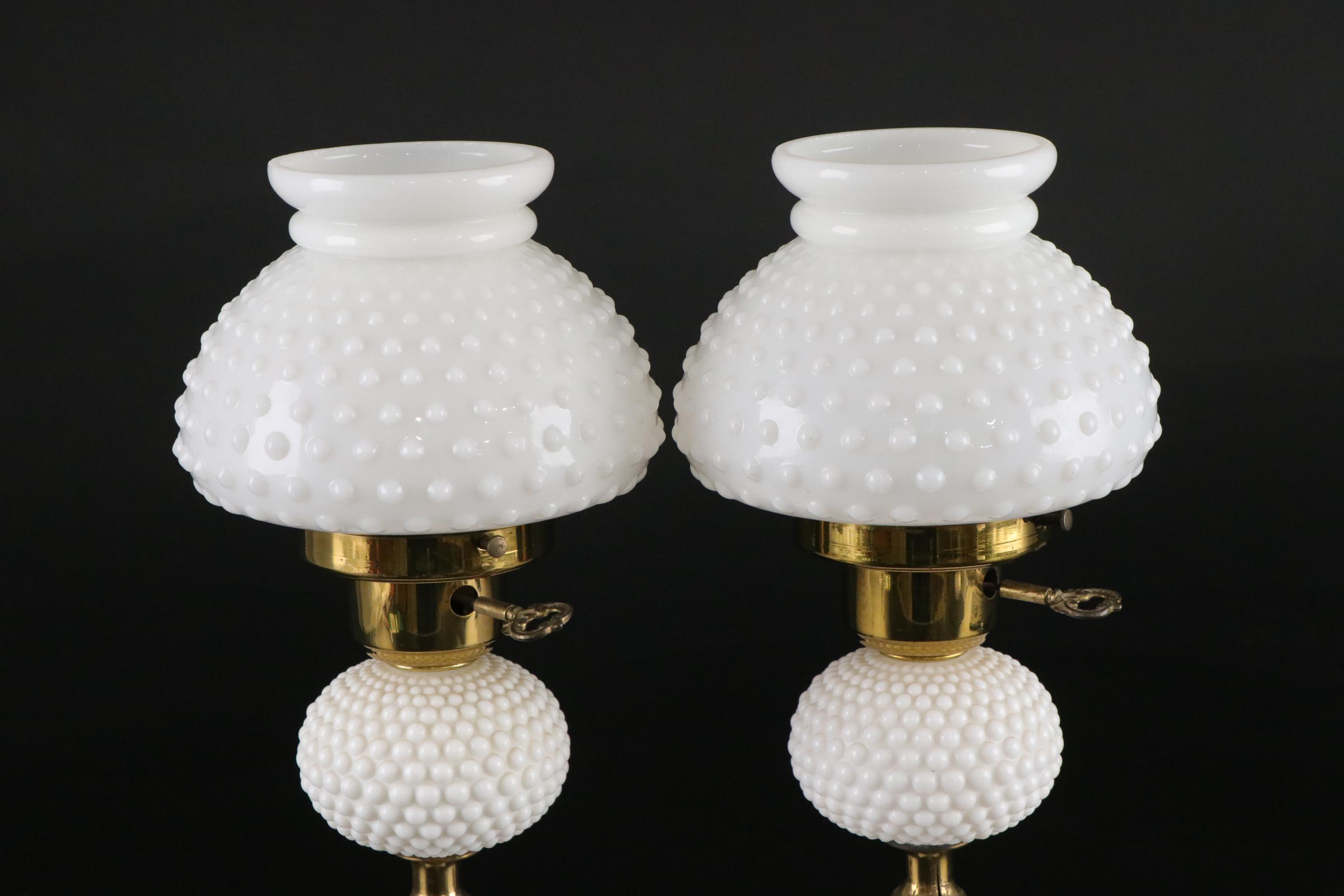 Pair of Milk Glass Dresser Lamps on Marble Bases, Mid to Late 20th Century